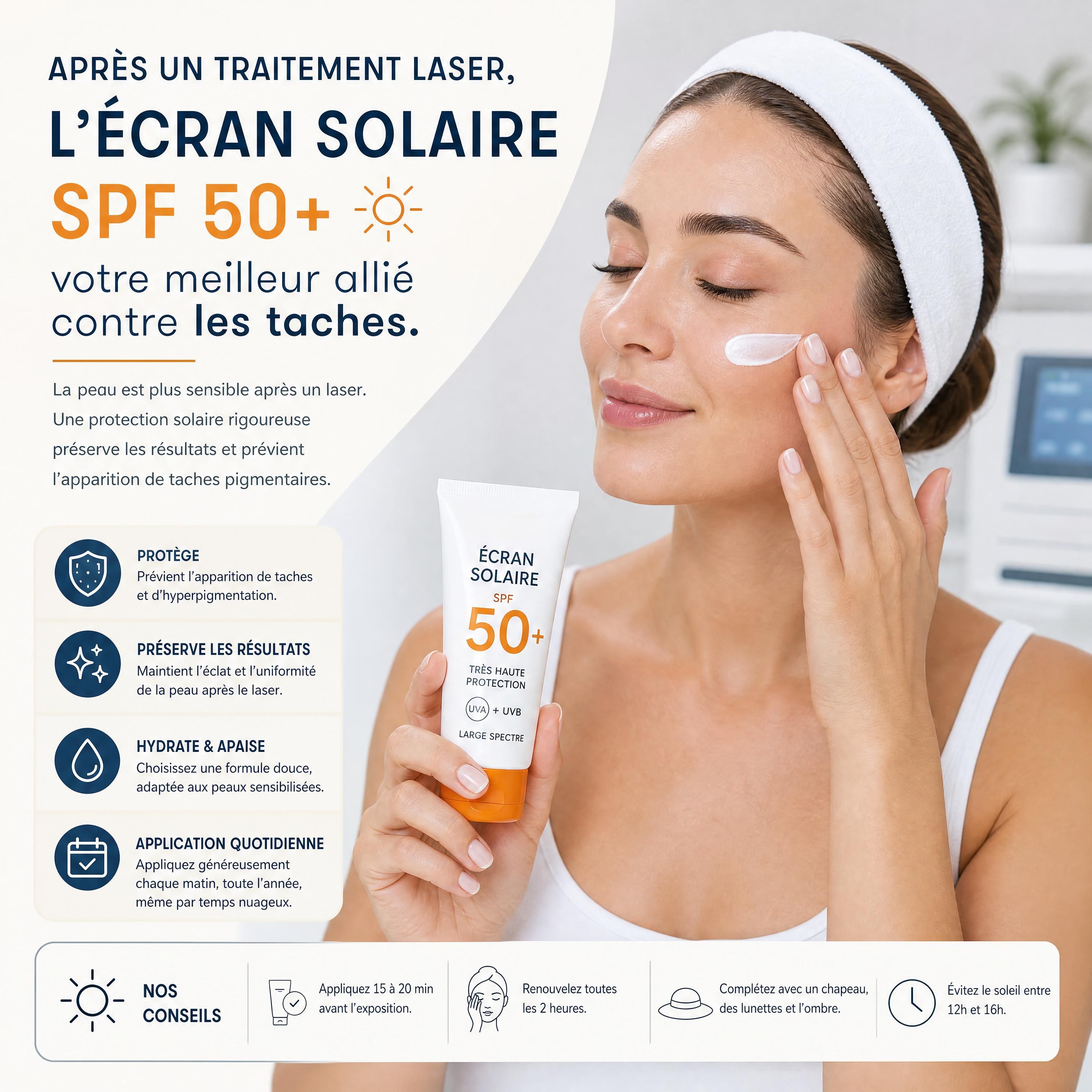 Application rigoureuse d'un écran solaire SPF 50+ après un traitement laser pour prévenir les taches