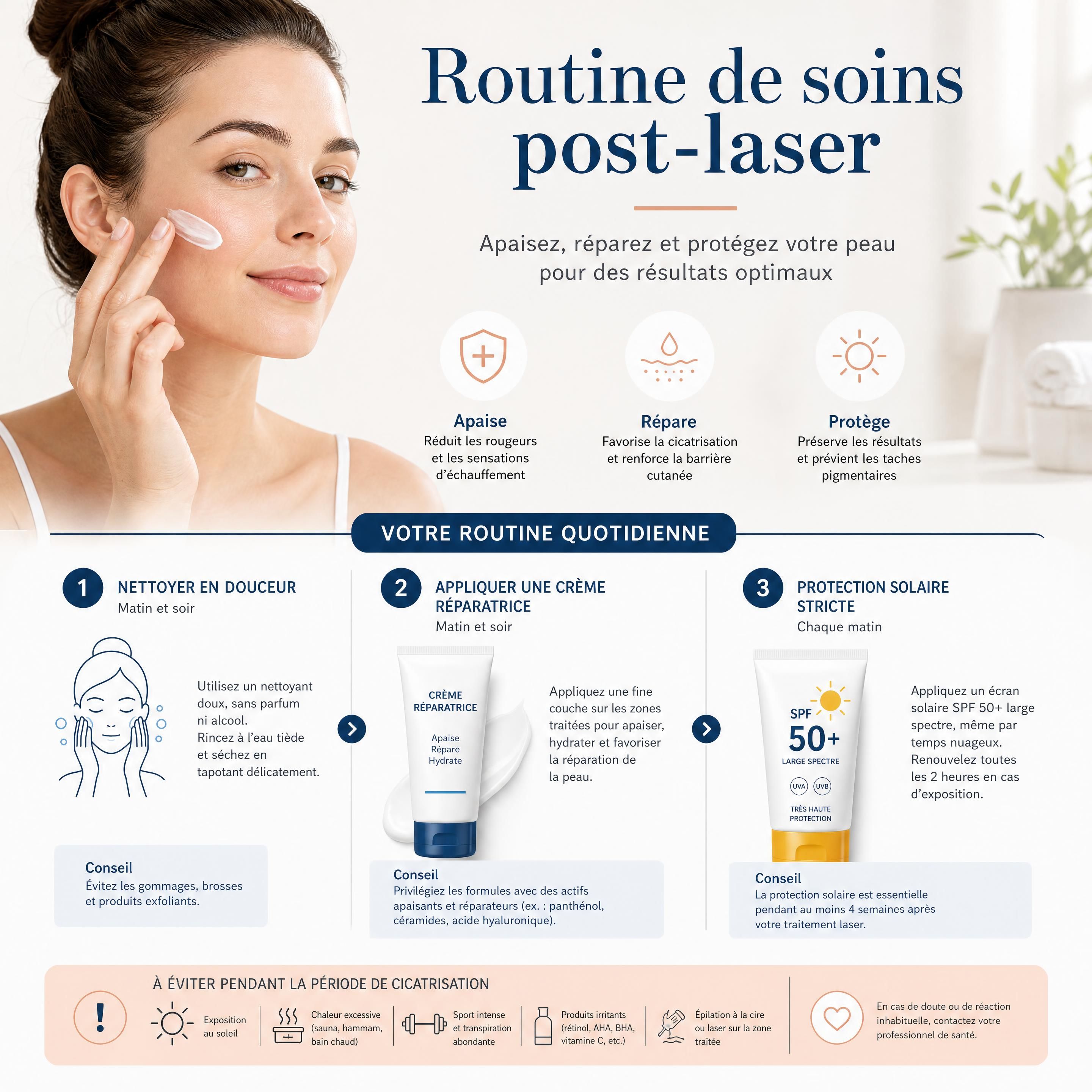 Routine de soins post-laser avec application d'une crème réparatrice et d'une protection solaire stricte