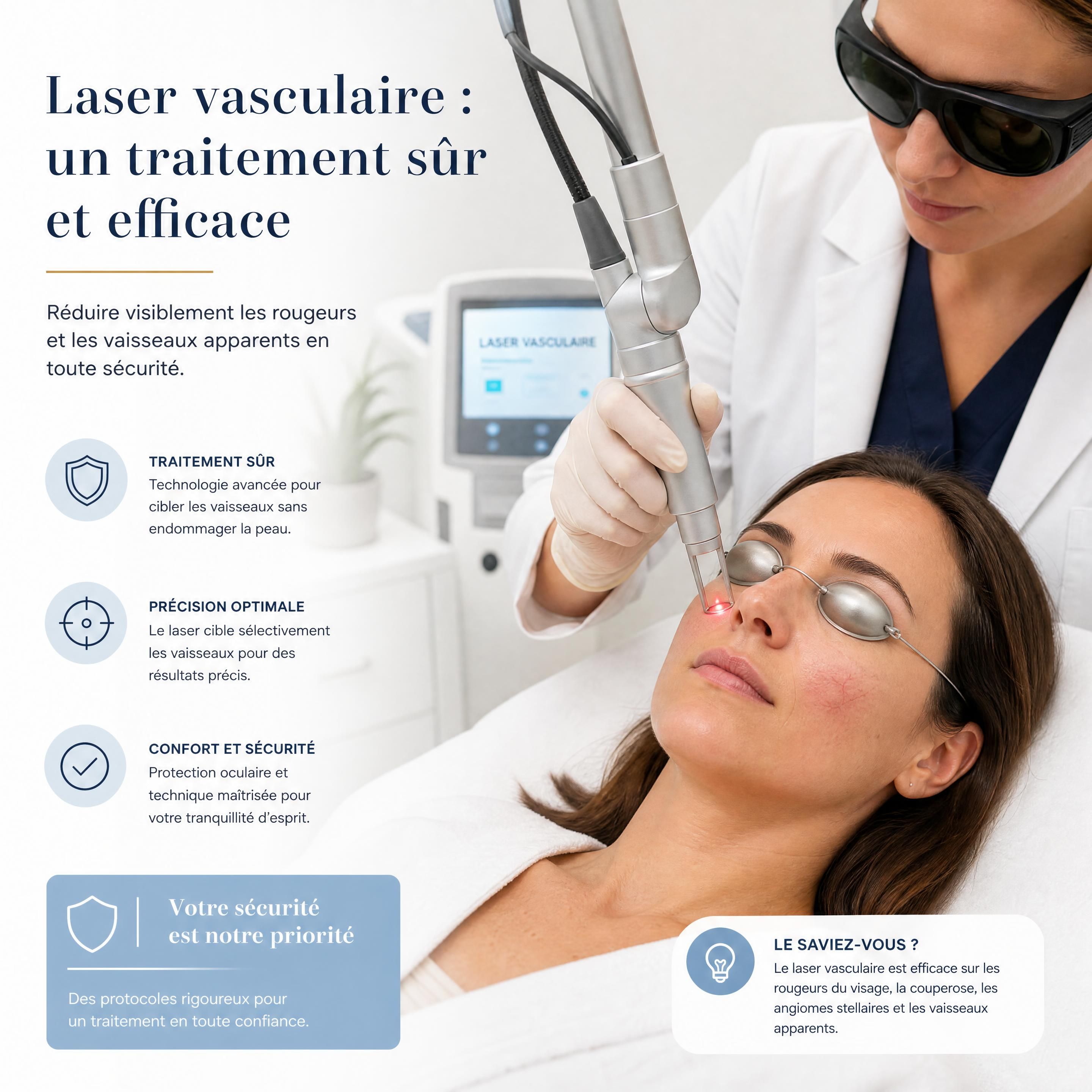 A patient undergoing a safe vascular laser treatment wearing protective metal eye shields while the dermatologist applies the handpiece perpendicular to the skin