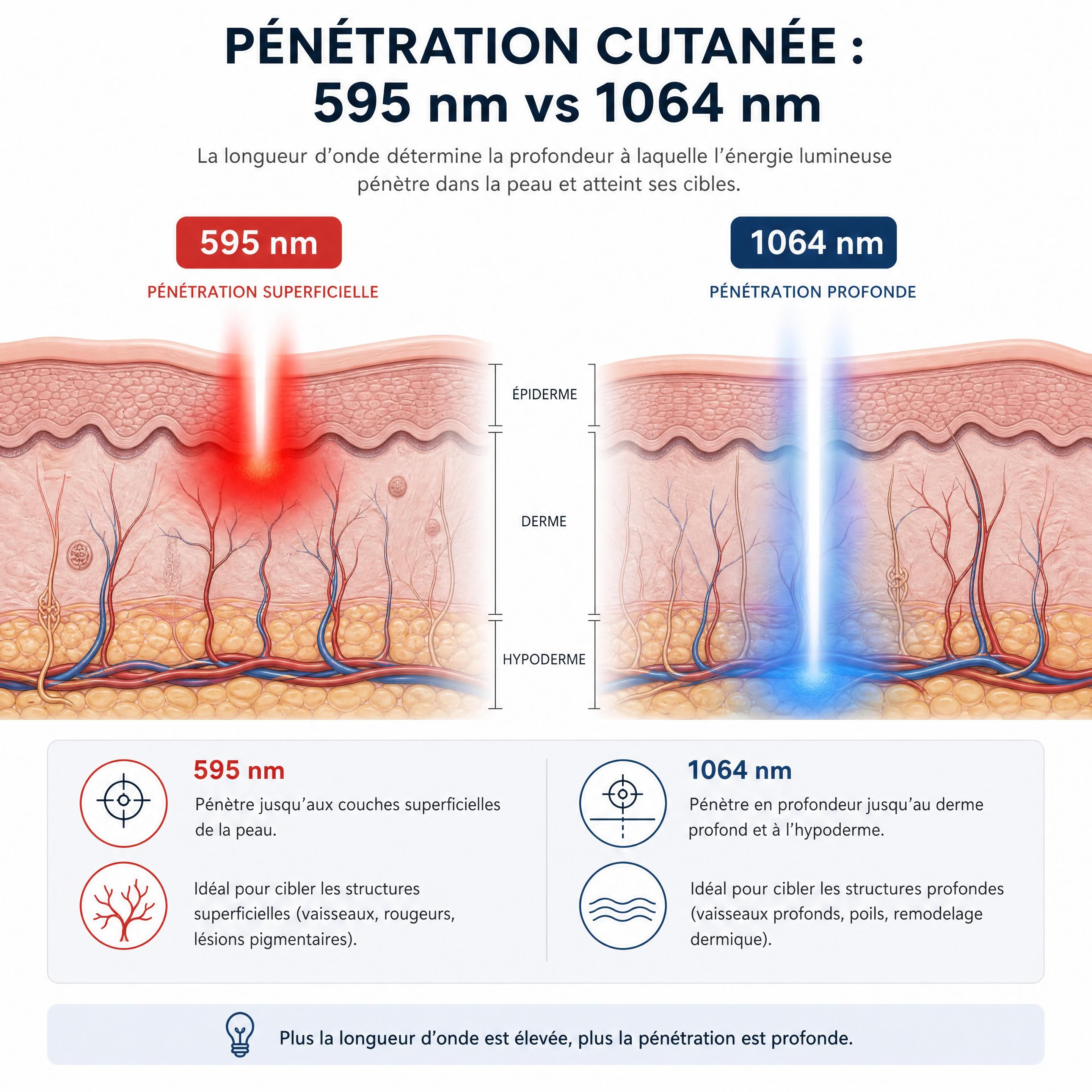 Schéma comparatif de la pénétration cutanée des longueurs d'onde 595 nm et 1064 nm