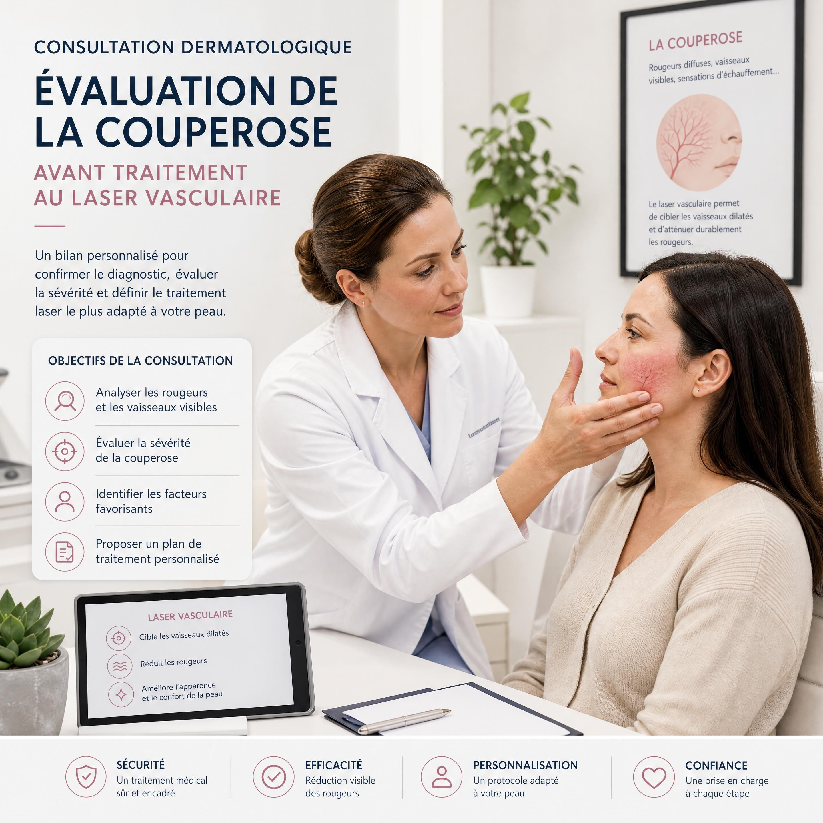 Consultation dermatologique d'évaluation de la couperose avant traitement au laser vasculaire