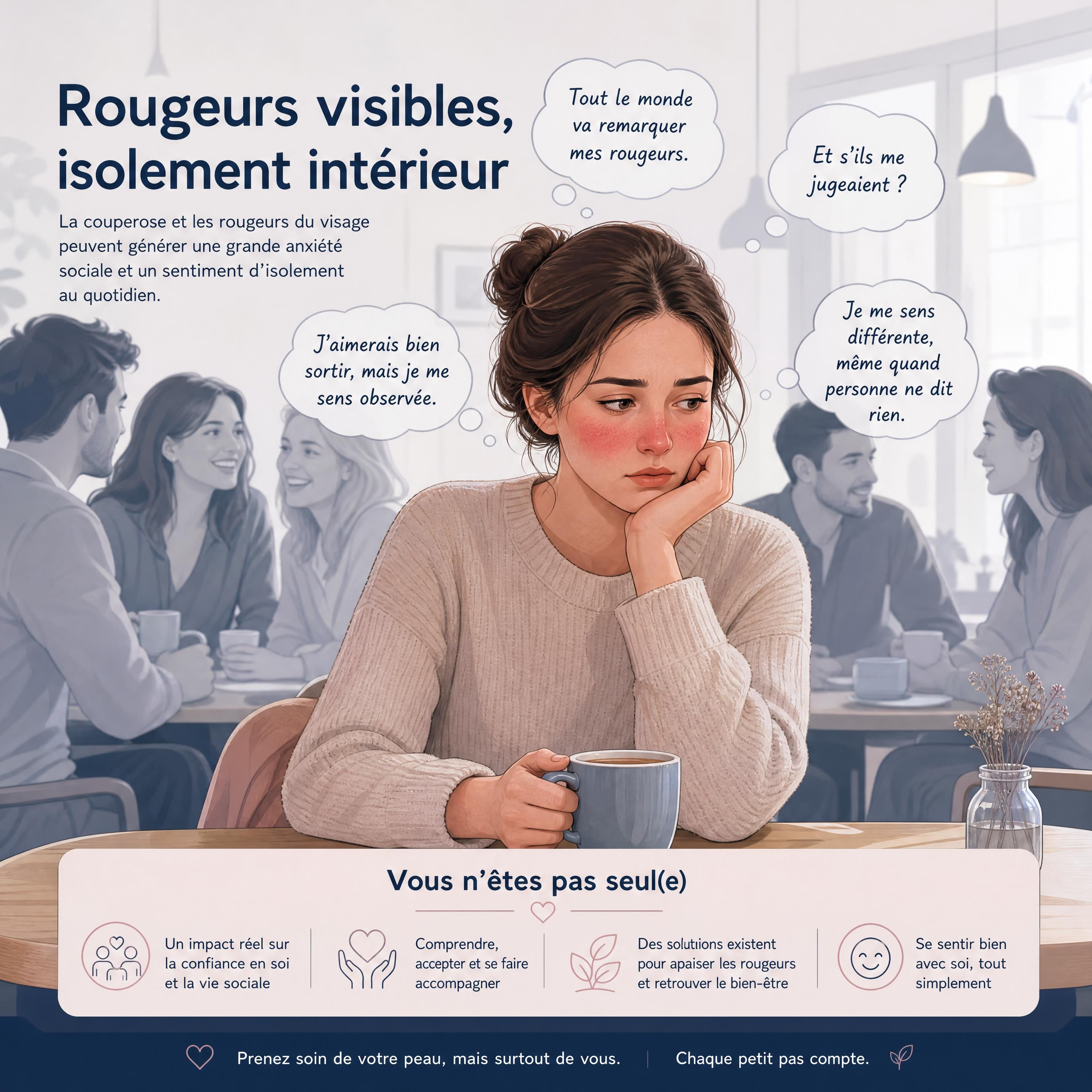 Illustration of the social anxiety and isolation felt by someone suffering from visible facial redness and couperose