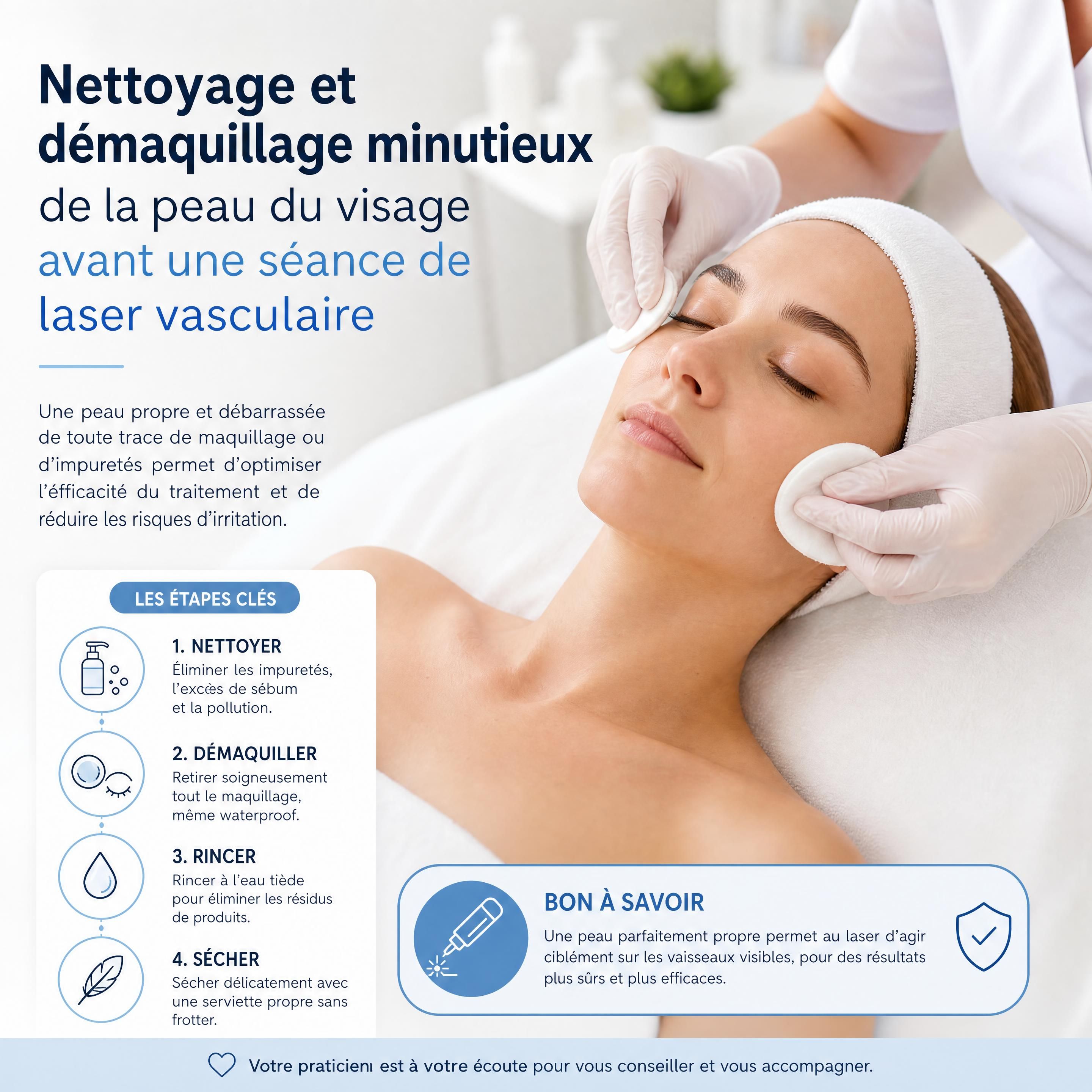 Nettoyage et démaquillage minutieux de la peau du visage avant une séance de laser vasculaire
