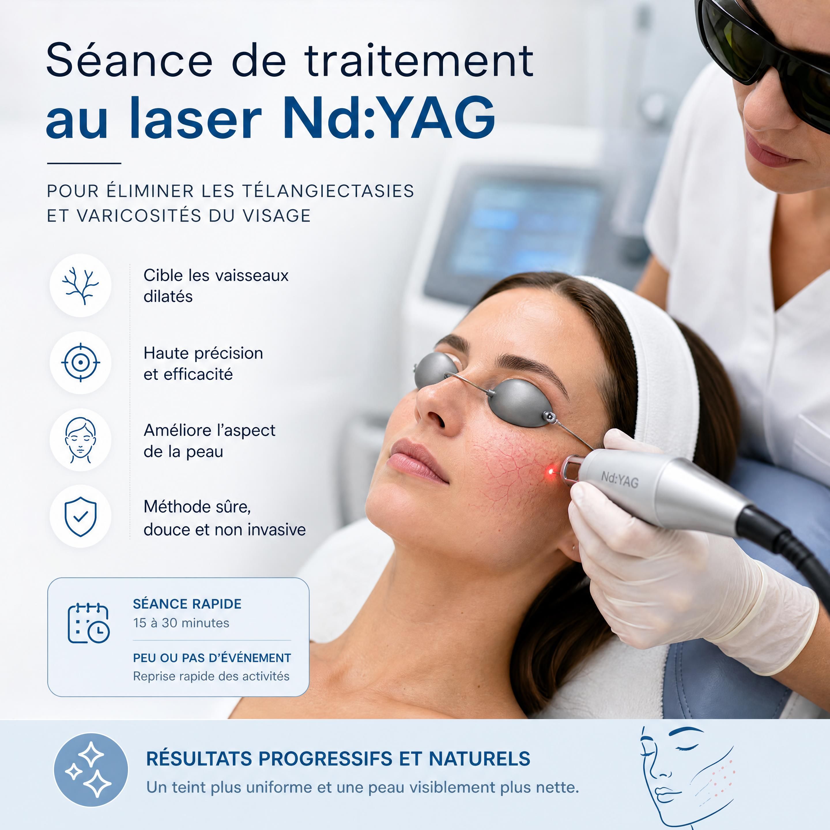 Séance de traitement au laser Nd:YAG pour éliminer les télangiectasies et varicosités du visage