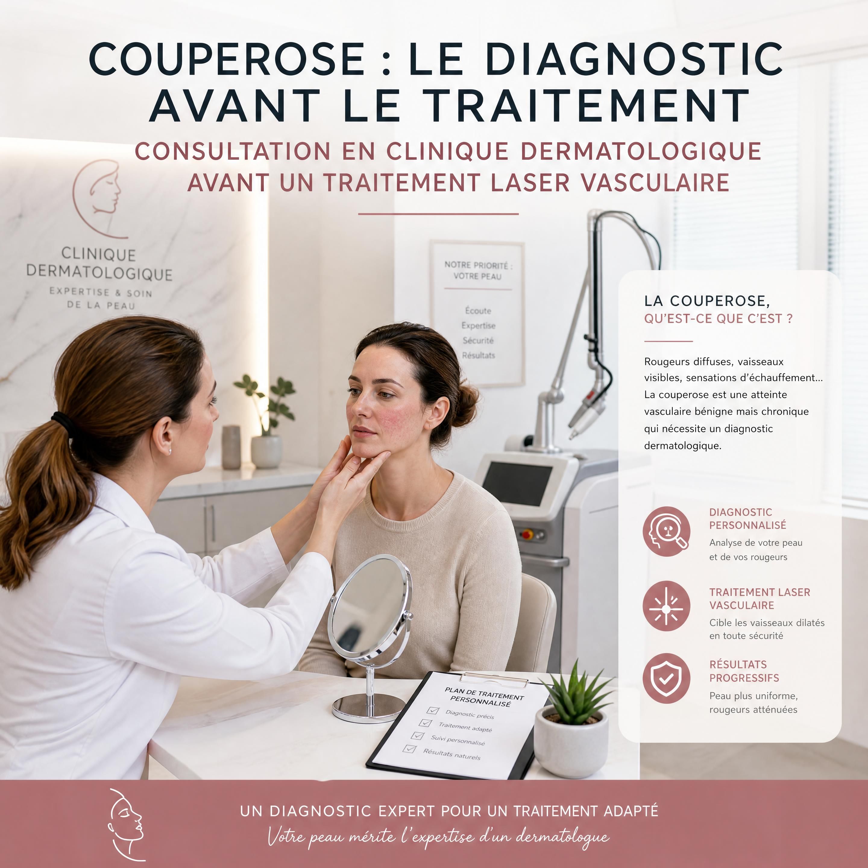 Consultation en clinique dermatologique pour un diagnostic de couperose avant un traitement laser vasculaire