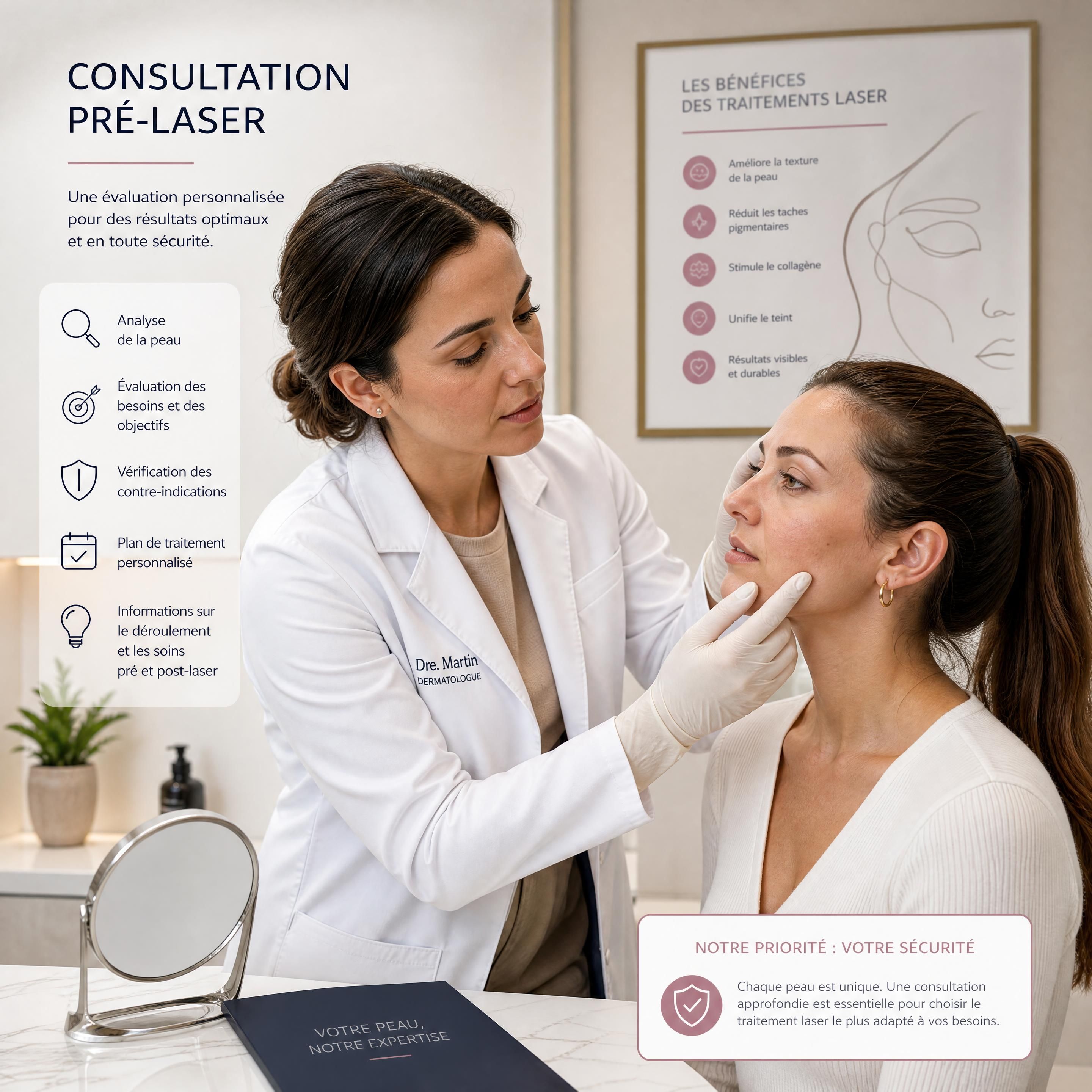 Dermatologue qualifié analysant la peau d'une patiente lors d'une consultation pré-laser