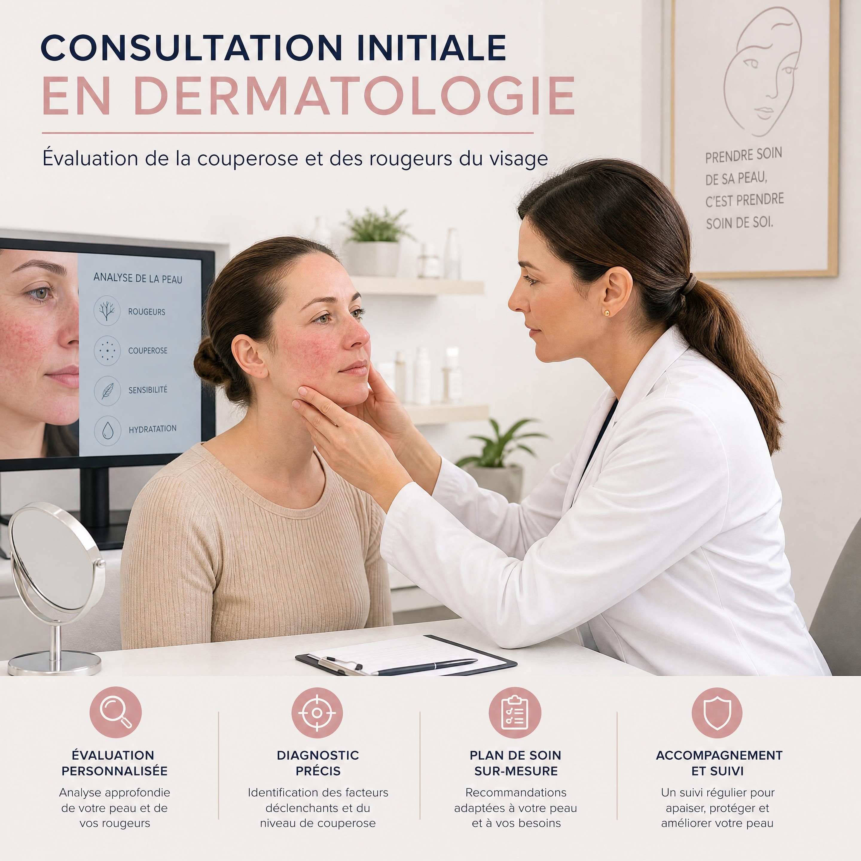 Consultation initiale dans une clinique dermatologique pour l'évaluation de la couperose et des rougeurs du visage