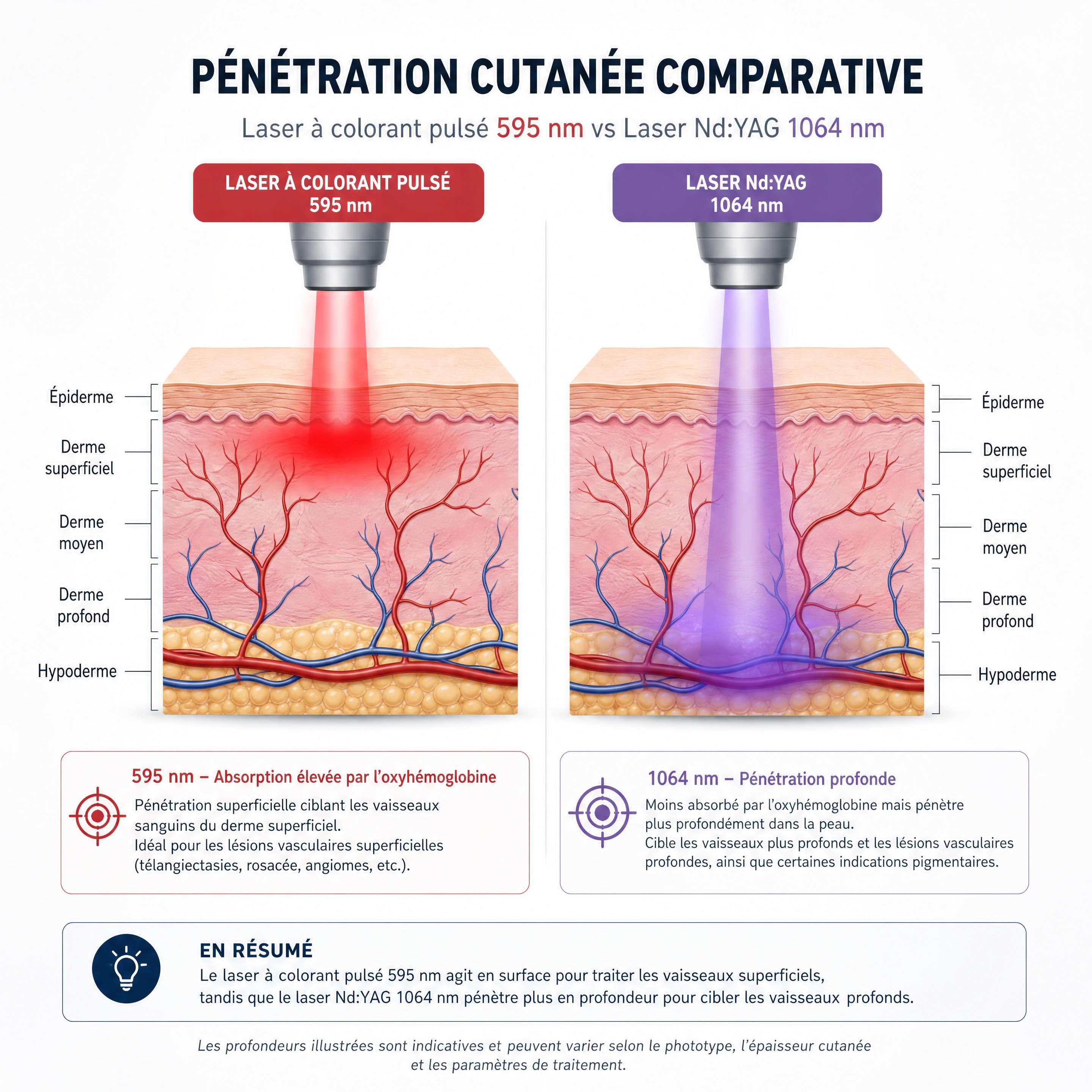 Schéma de pénétration cutanée comparatif entre le laser à colorant pulsé à 595 nm et le laser Nd:YAG à 1064 nm
