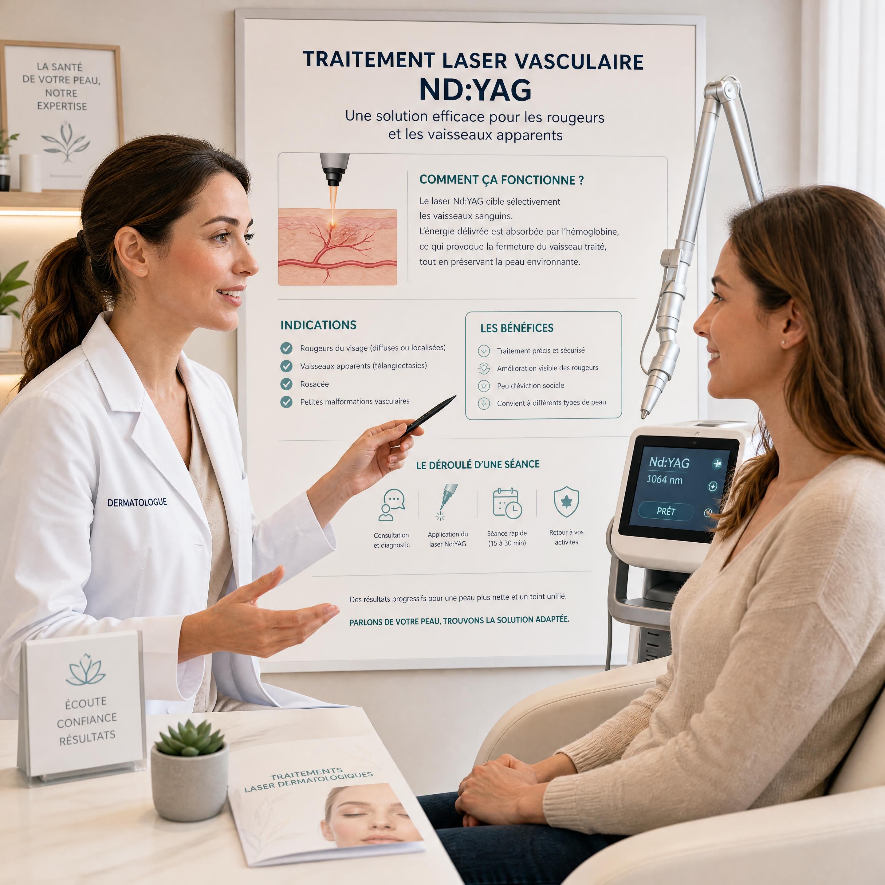Médecin dermatologue expliquant le traitement laser vasculaire Nd:YAG à une patiente rassurée