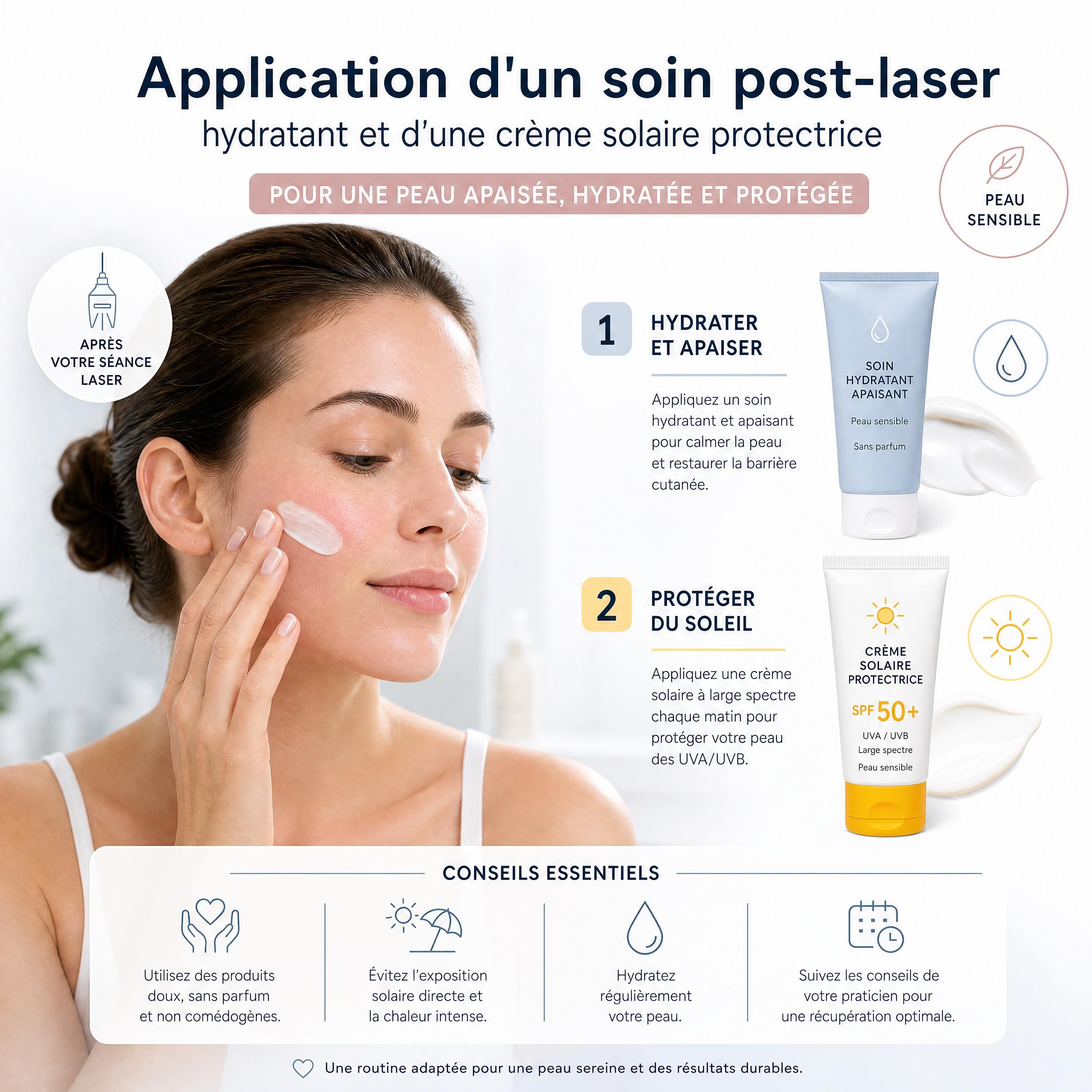 Application d'un soin post-laser hydratant et d'une crème solaire protectrice sur une peau sensible