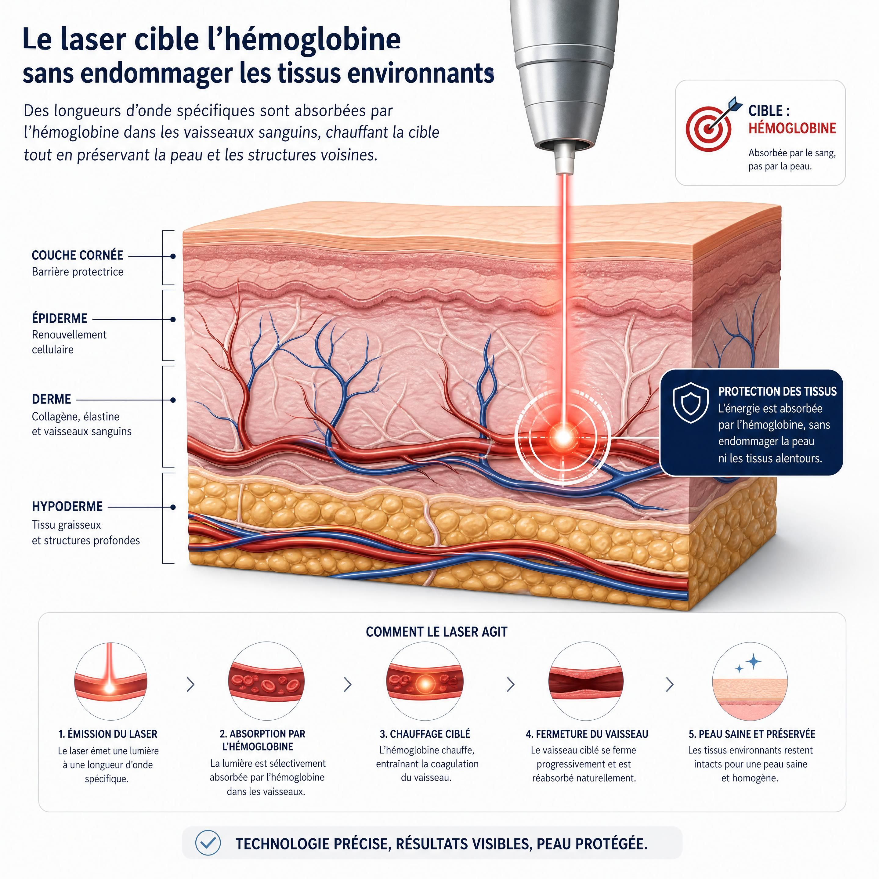Graphic representation of the skin layers showing the targeting of hemoglobin in blood vessels by laser wavelengths without damaging surrounding tissue