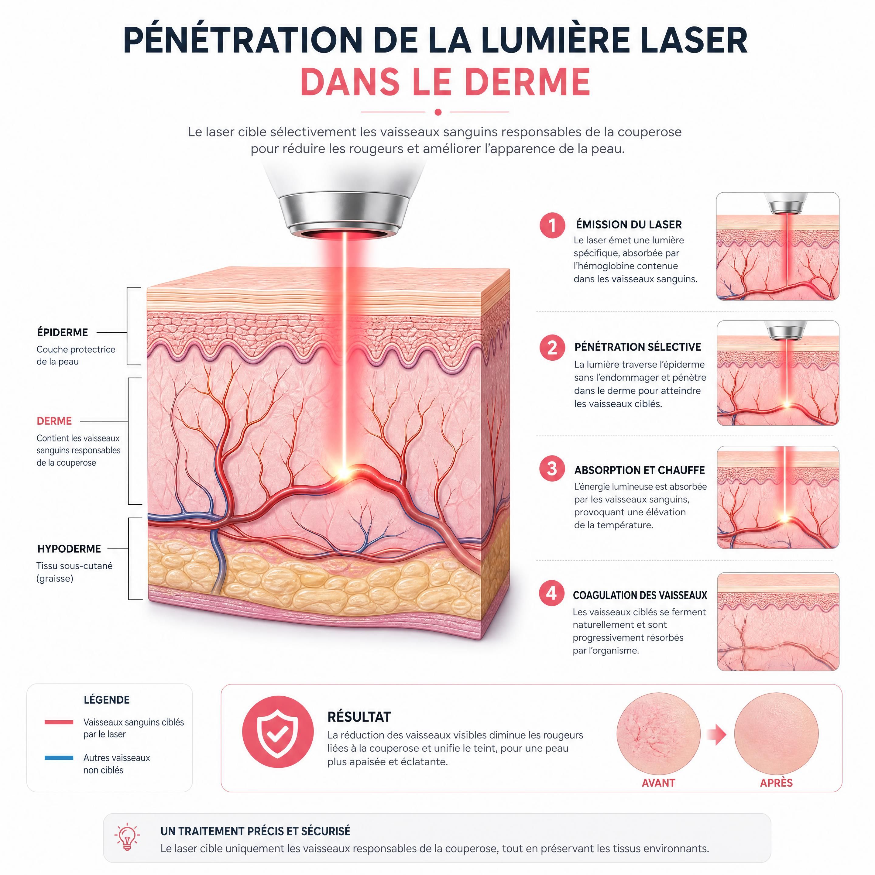 Schéma explicatif de la pénétration de la lumière laser dans le derme ciblant les vaisseaux sanguins de la couperose