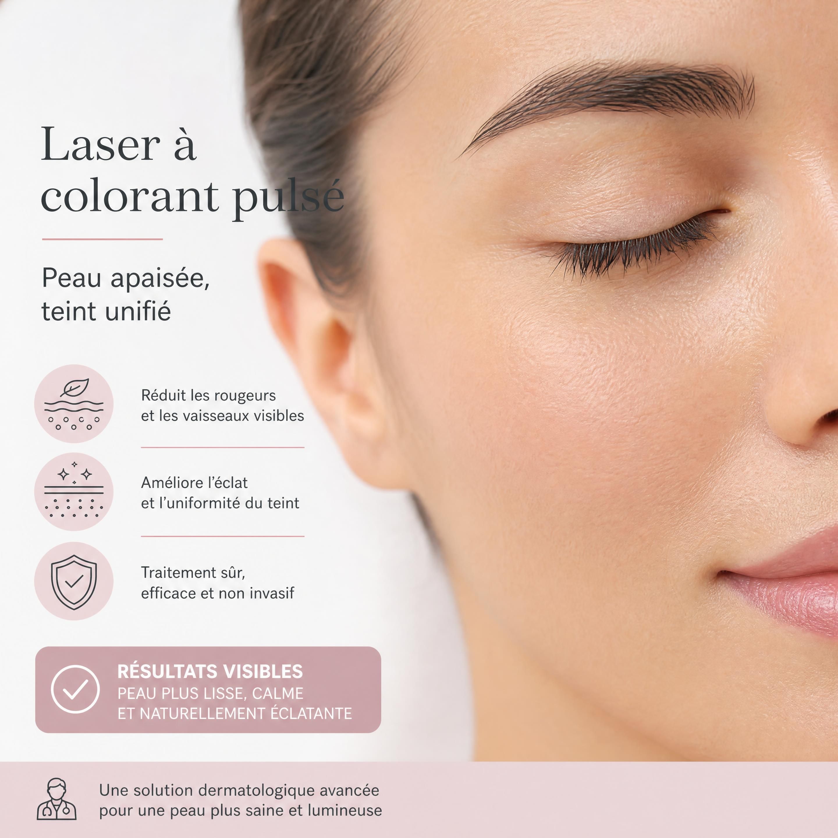 Gros plan d'une peau apaisée et d'un teint unifié après un traitement par laser à colorant pulsé
