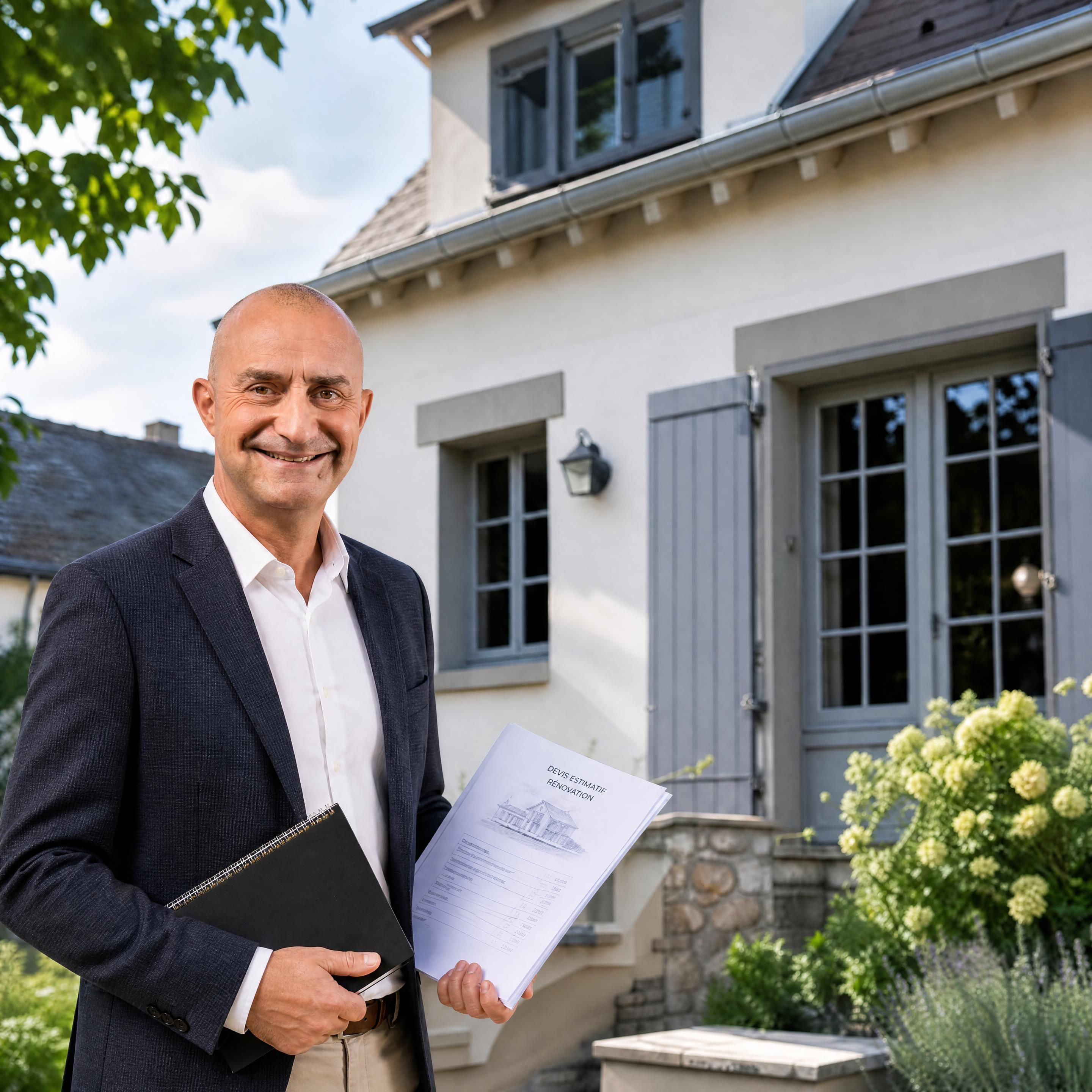 Photographie réaliste d’un propriétaire ou conseiller immobilier devant une maison résidentielle, tenant un carnet et un devis pour évaluer les travaux avant la vente, tenue professionnelle sobre, lumière naturelle, façade en arrière-plan, style photographie immobilière haut de gamme, rendu authentique, sans texte ni logo
