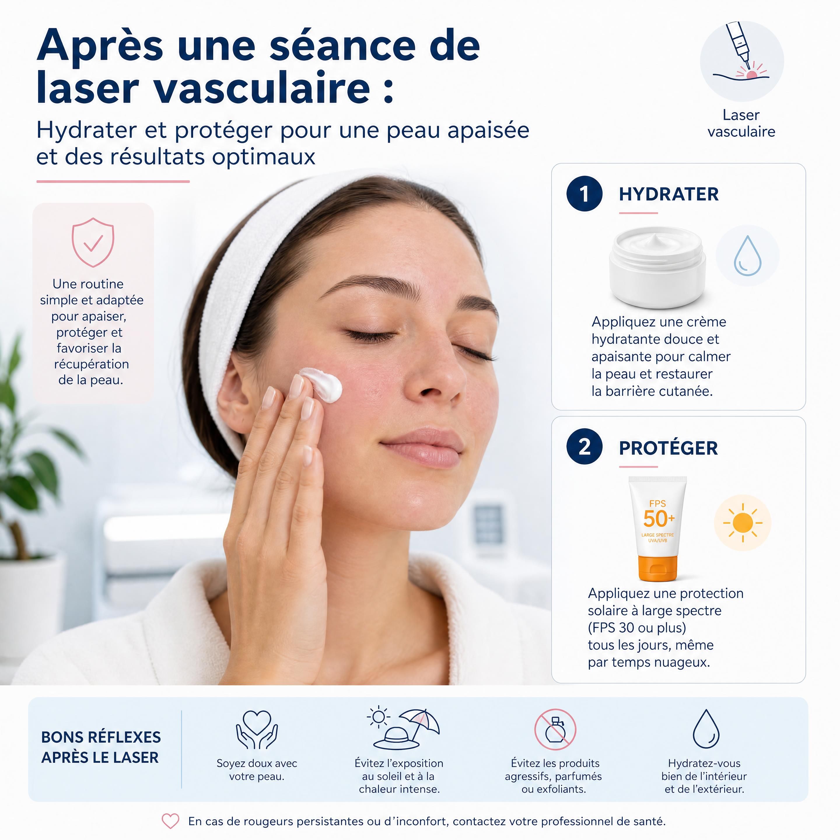 Application d'une crème hydratante et d'une protection solaire après une séance de laser vasculaire