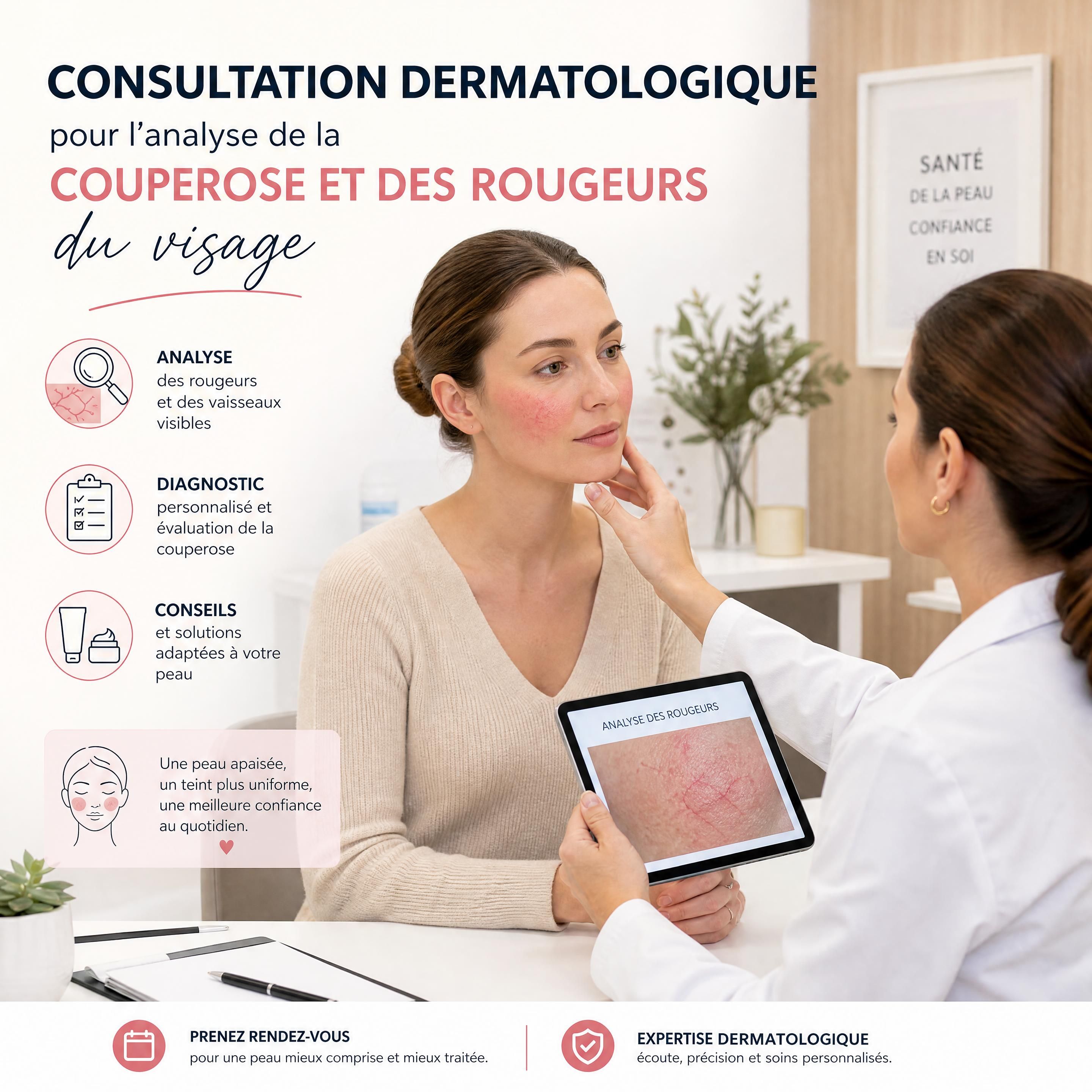 Consultation dermatologique pour l'analyse de la couperose et des rougeurs du visage
