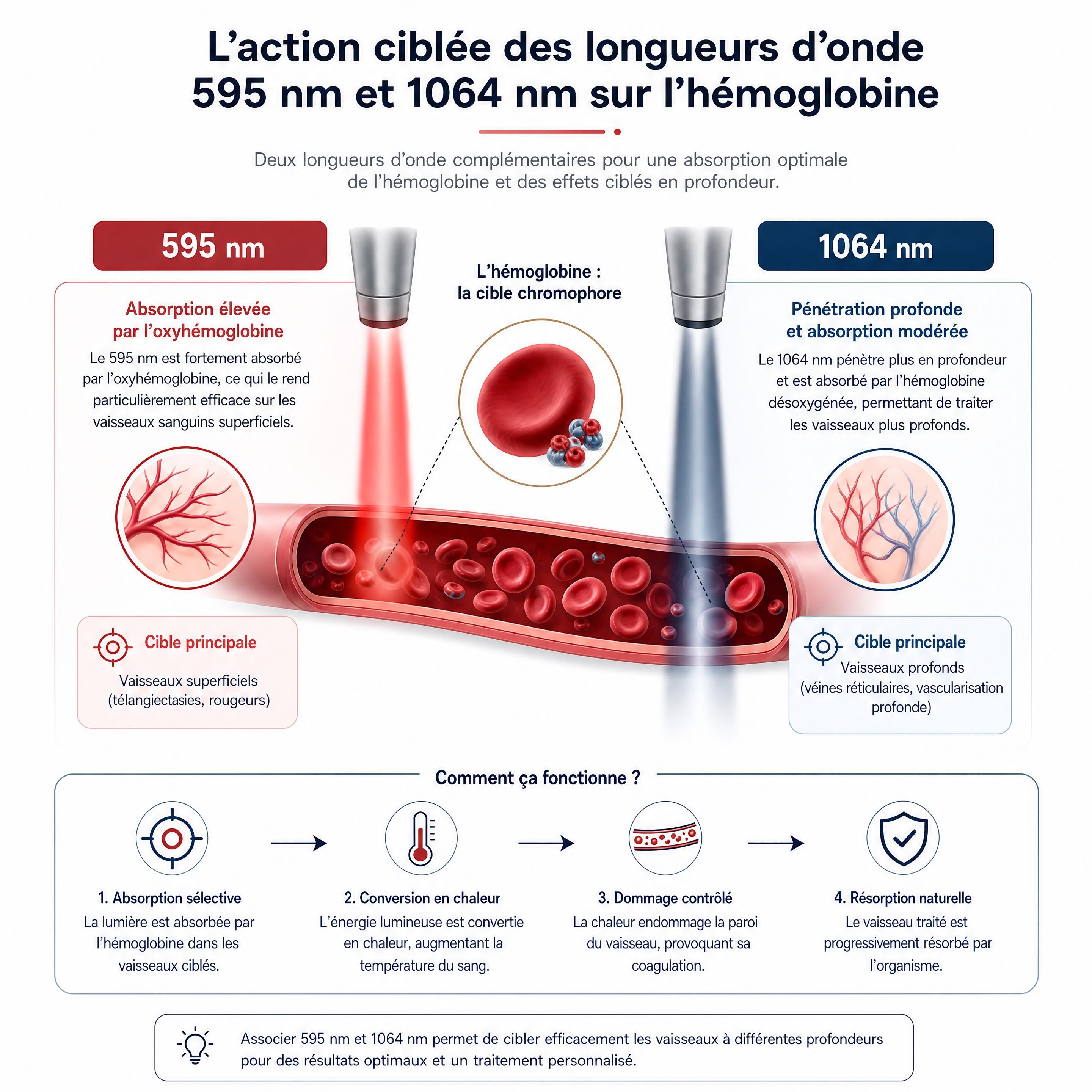 Schéma explicatif de l'action ciblée des longueurs d'onde 595nm et 1064nm sur l'hémoglobine