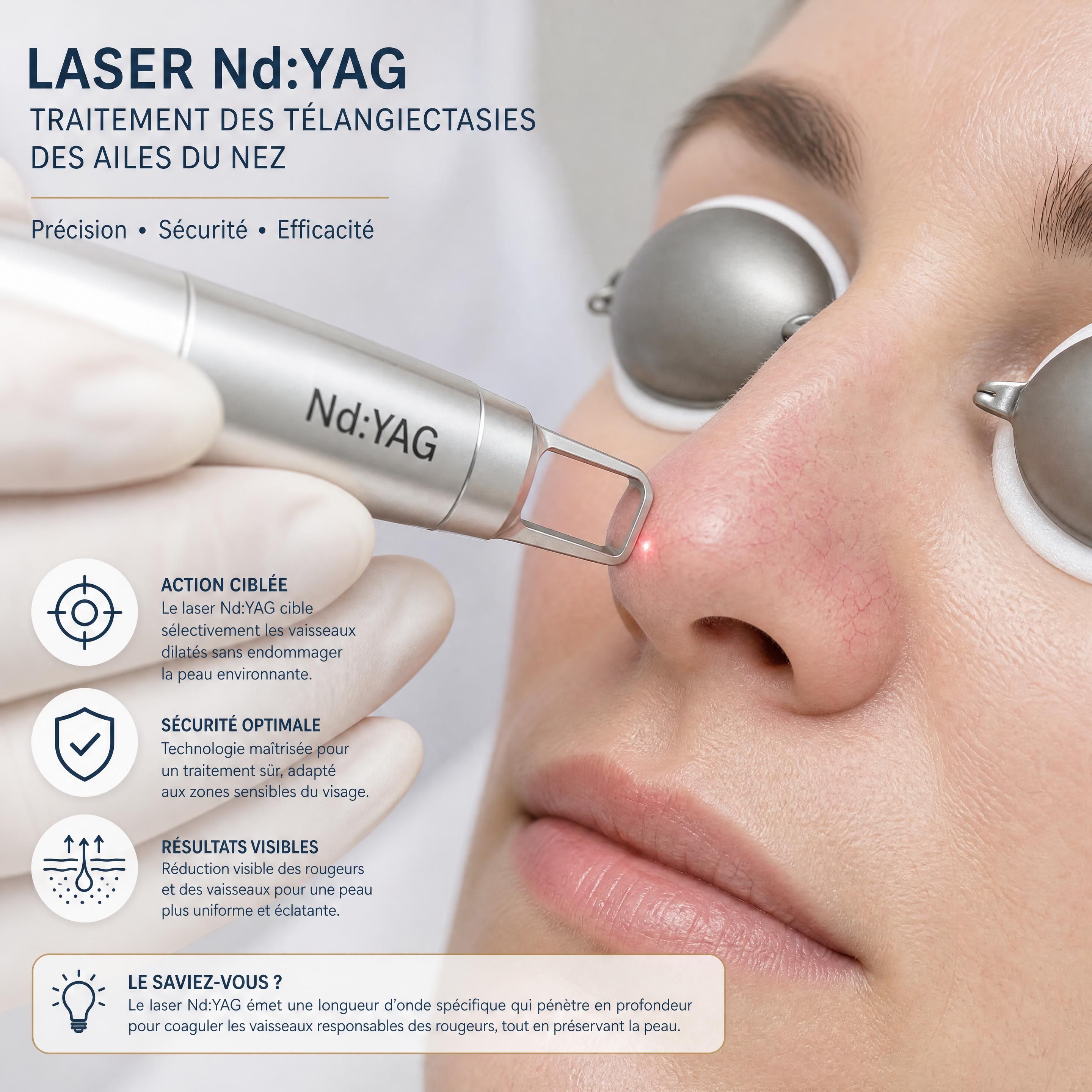 Gros plan sur l'application précise d'un laser Nd:YAG sur les télangiectasies des ailes du nez