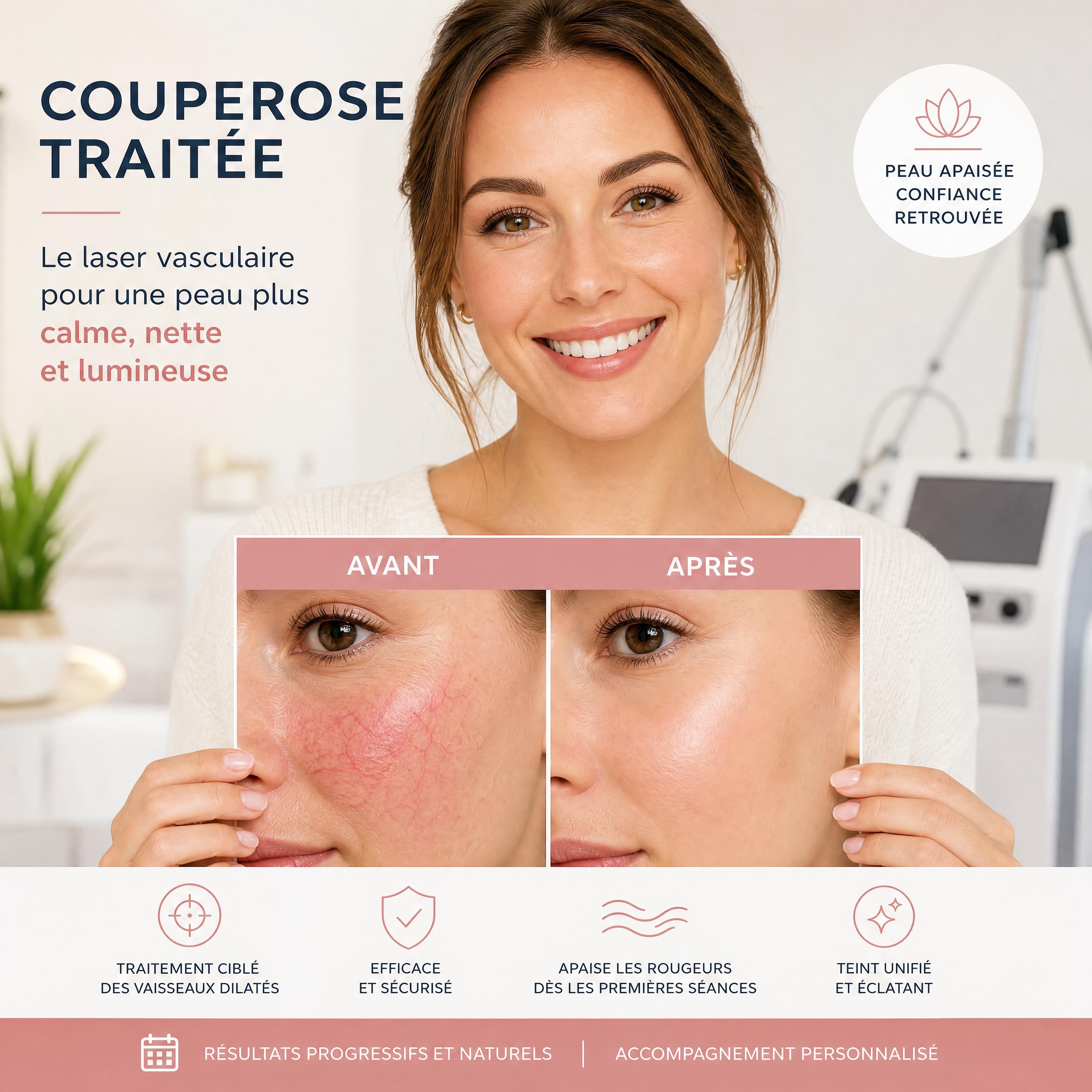 Portrait d'une patiente souriante montrant les résultats avant-après d'un traitement de la couperose au laser vasculaire
