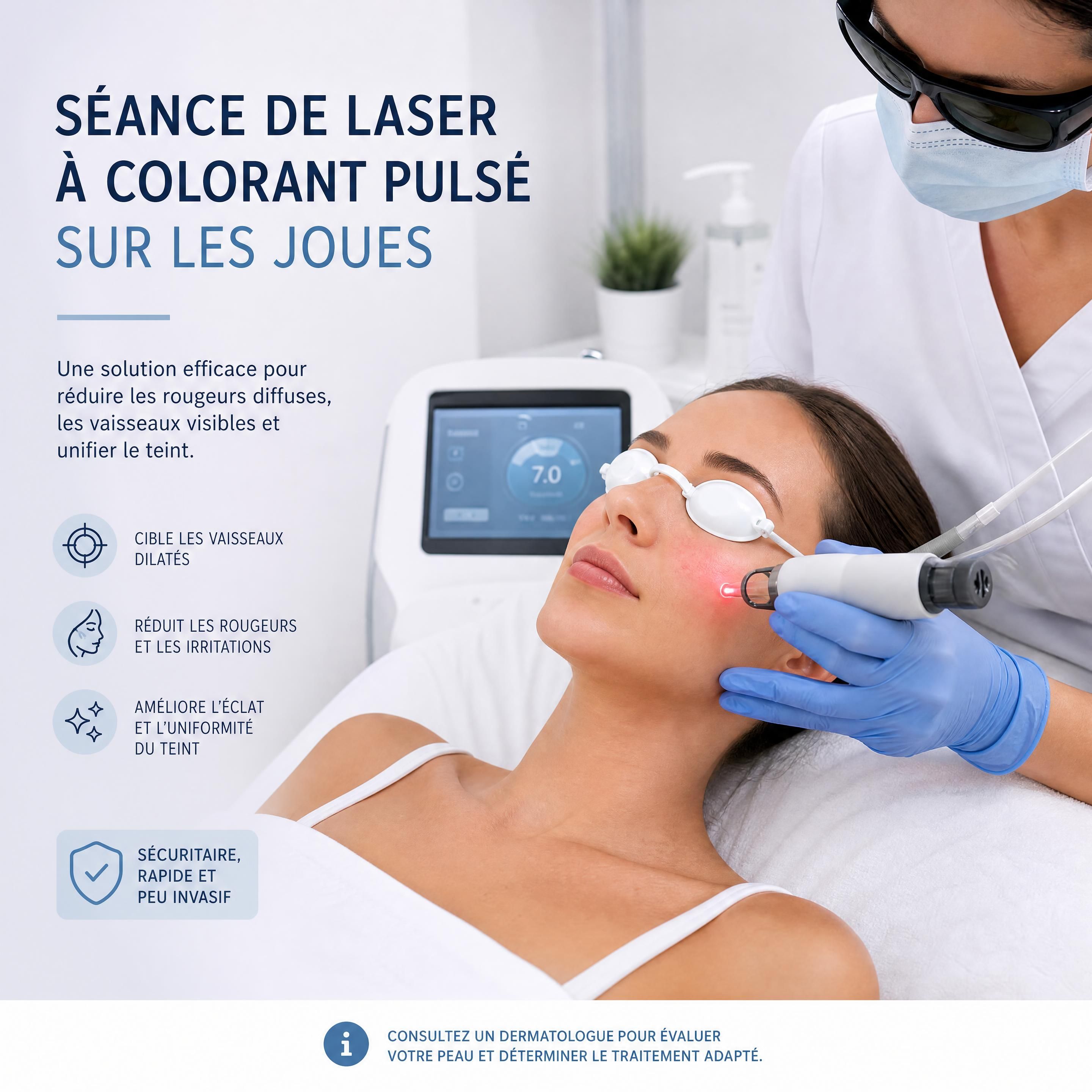Séance de laser à colorant pulsé sur les joues d'une patiente dans une clinique dermatologique