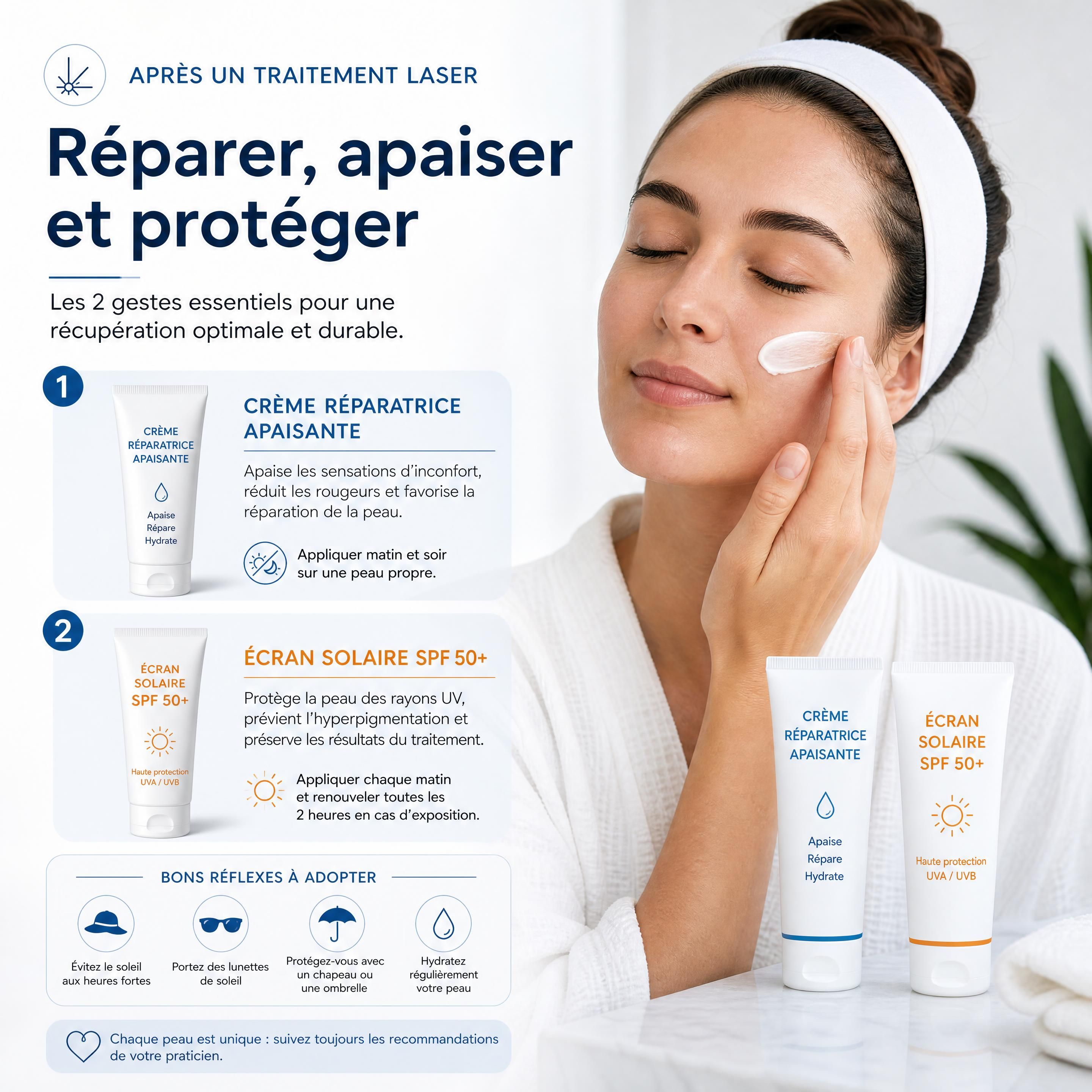 Application d'une crème réparatrice apaisante et d'un écran solaire SPF 50+ après un traitement laser