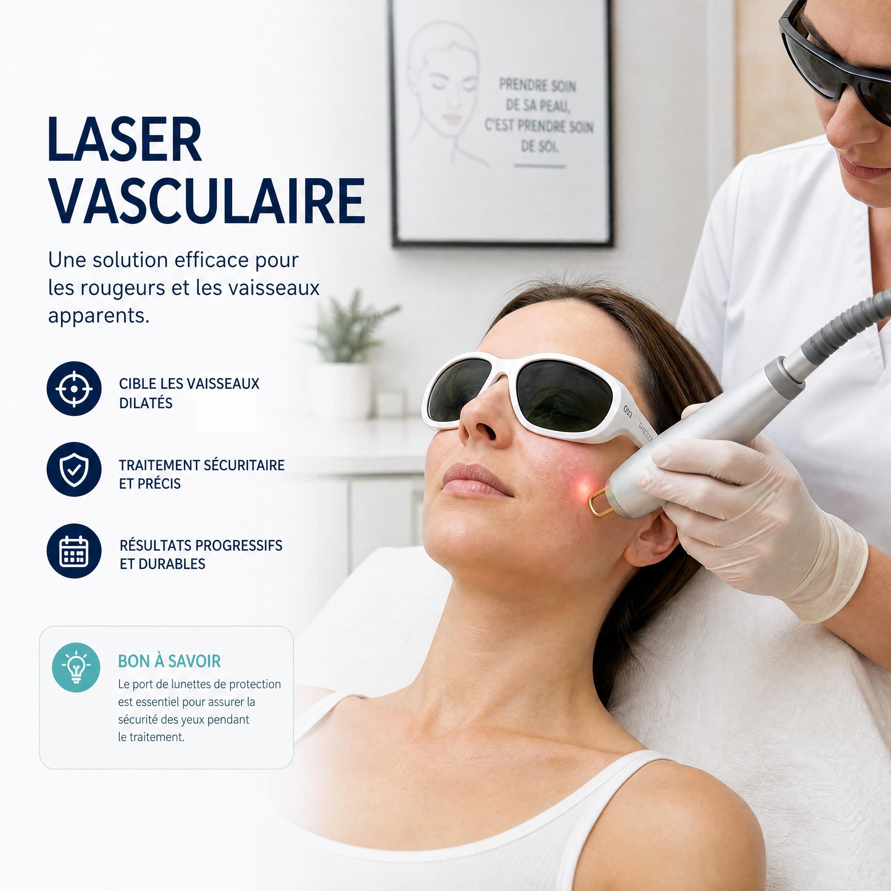 Un(e) patient(e) portant des lunettes de protection pendant une séance de laser vasculaire