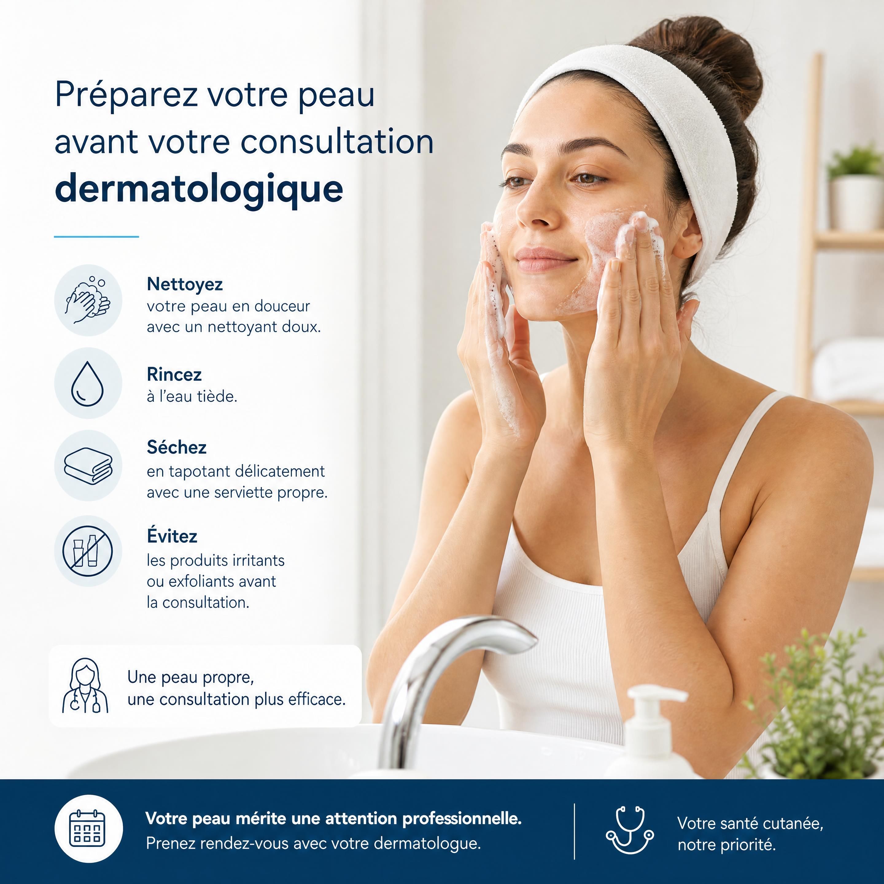 Patient(e) nettoyant doucement sa peau avant une consultation dermatologique