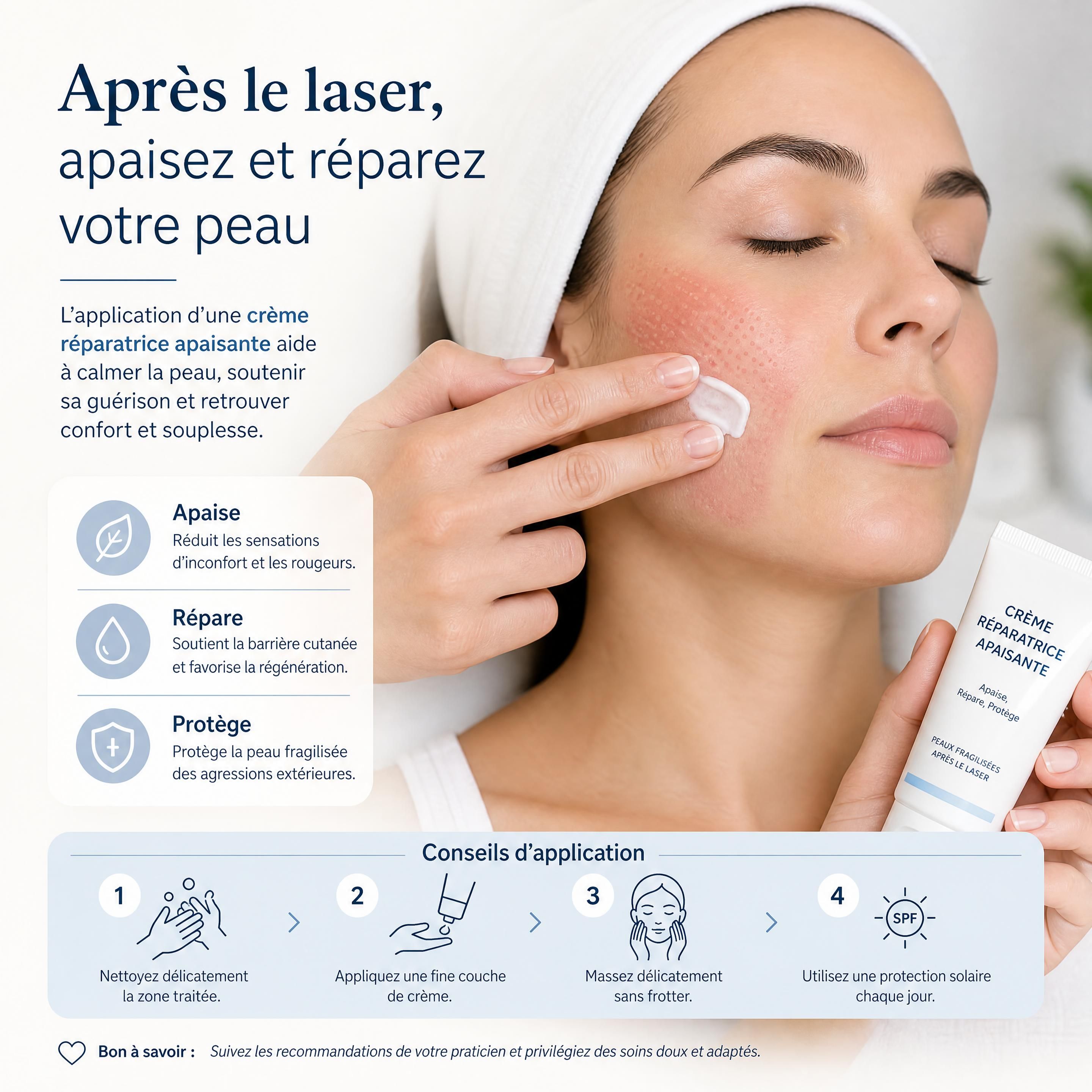 Application d'une crème réparatrice apaisante sur une zone traitée par laser