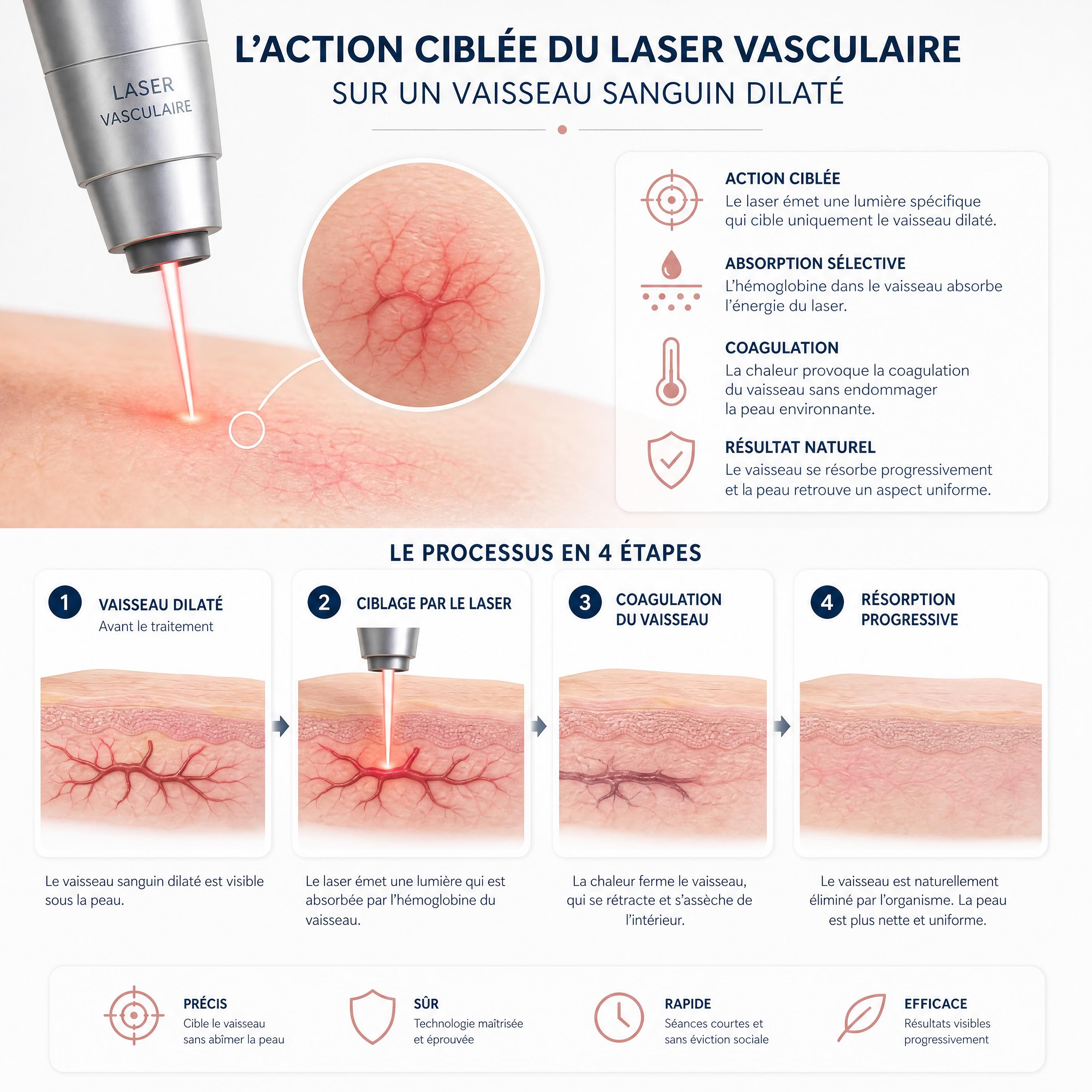 Schéma explicatif montrant l'action ciblée du laser vasculaire sur un vaisseau sanguin dilaté
