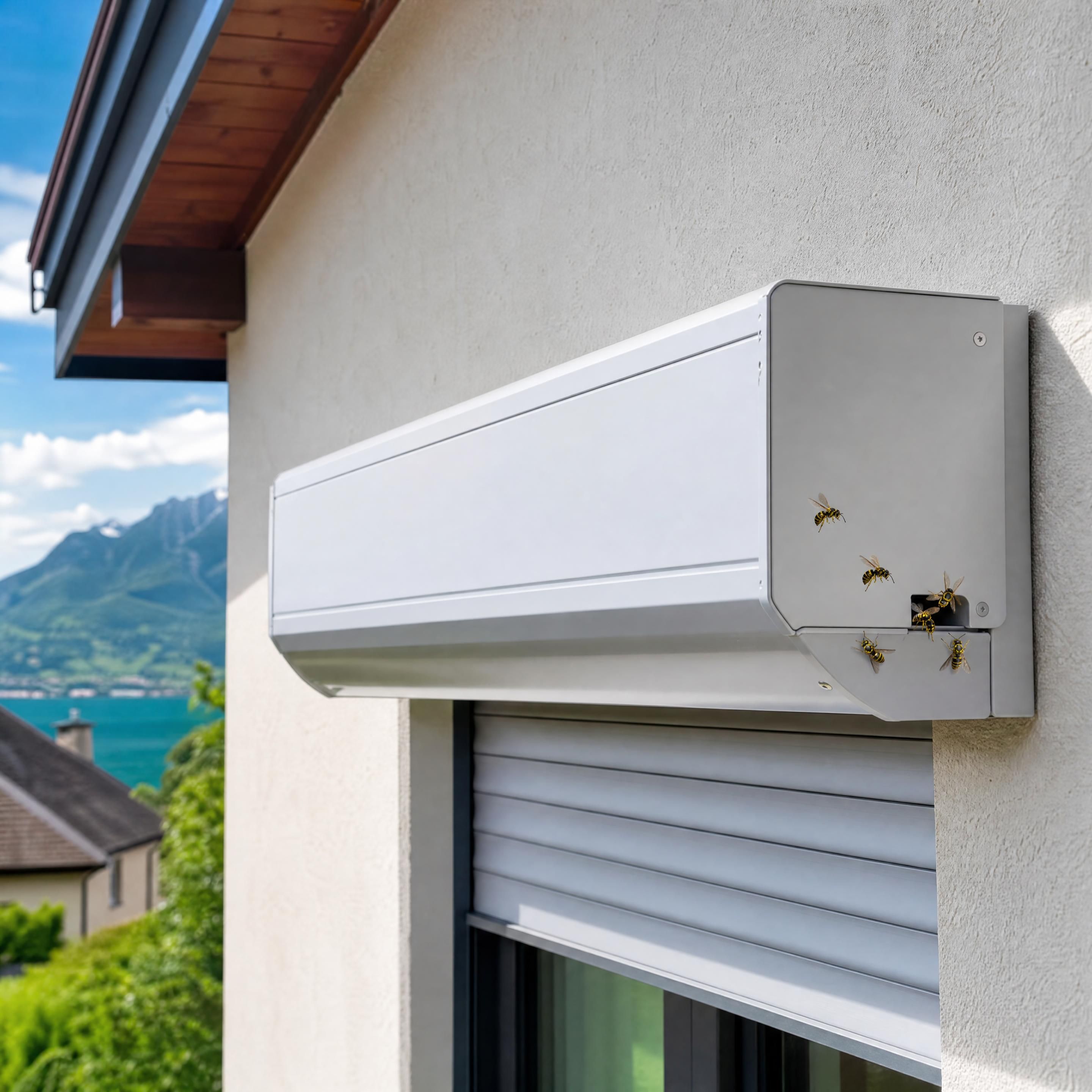 Vue réaliste d’un coffre de volet roulant extérieur avec quelques guêpes entrant par une petite ouverture, façade résidentielle à Annecy, couleurs naturelles sans personne ni texte