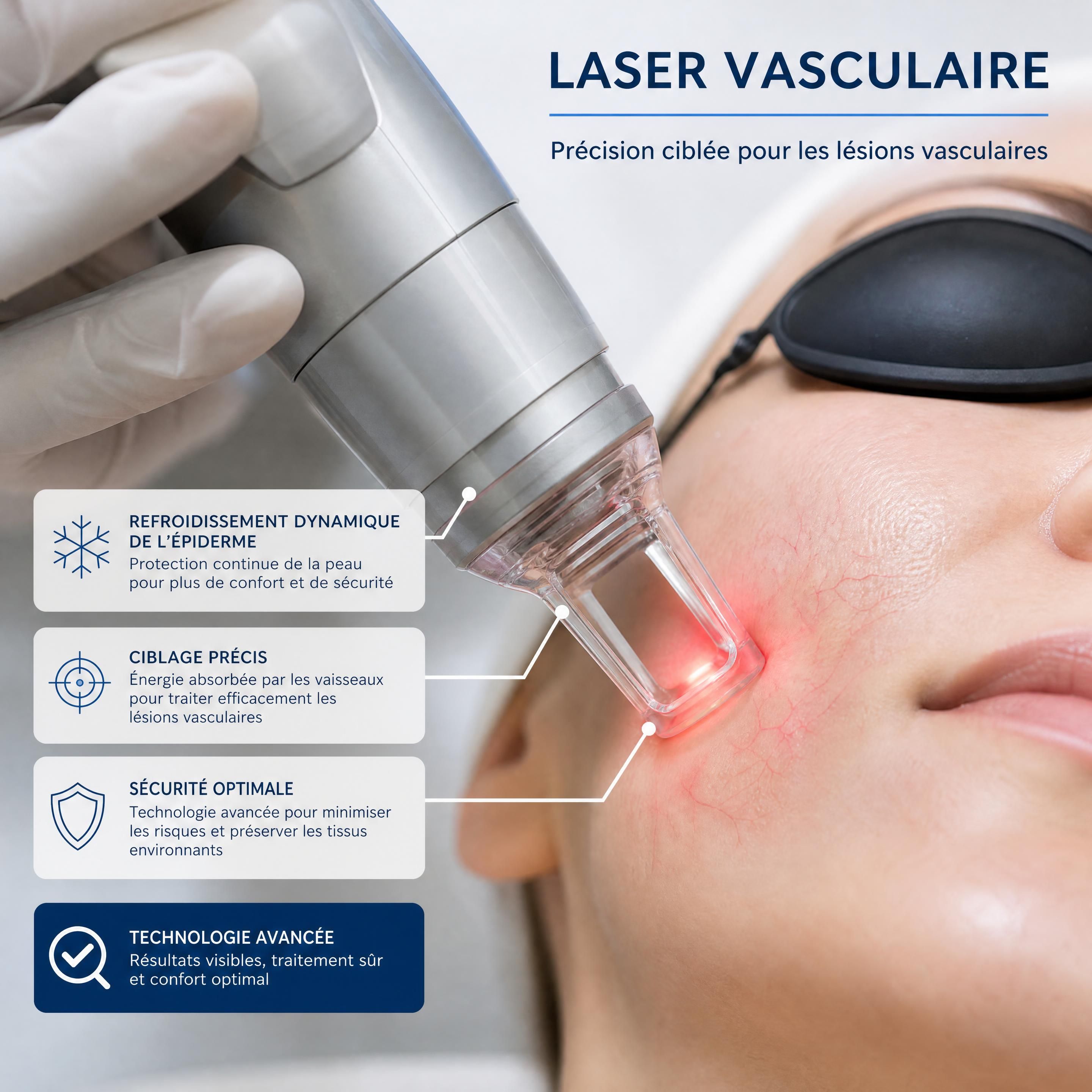 Gros plan sur l'application d'une pièce à main de laser vasculaire avec système de refroidissement dynamique de l'épiderme