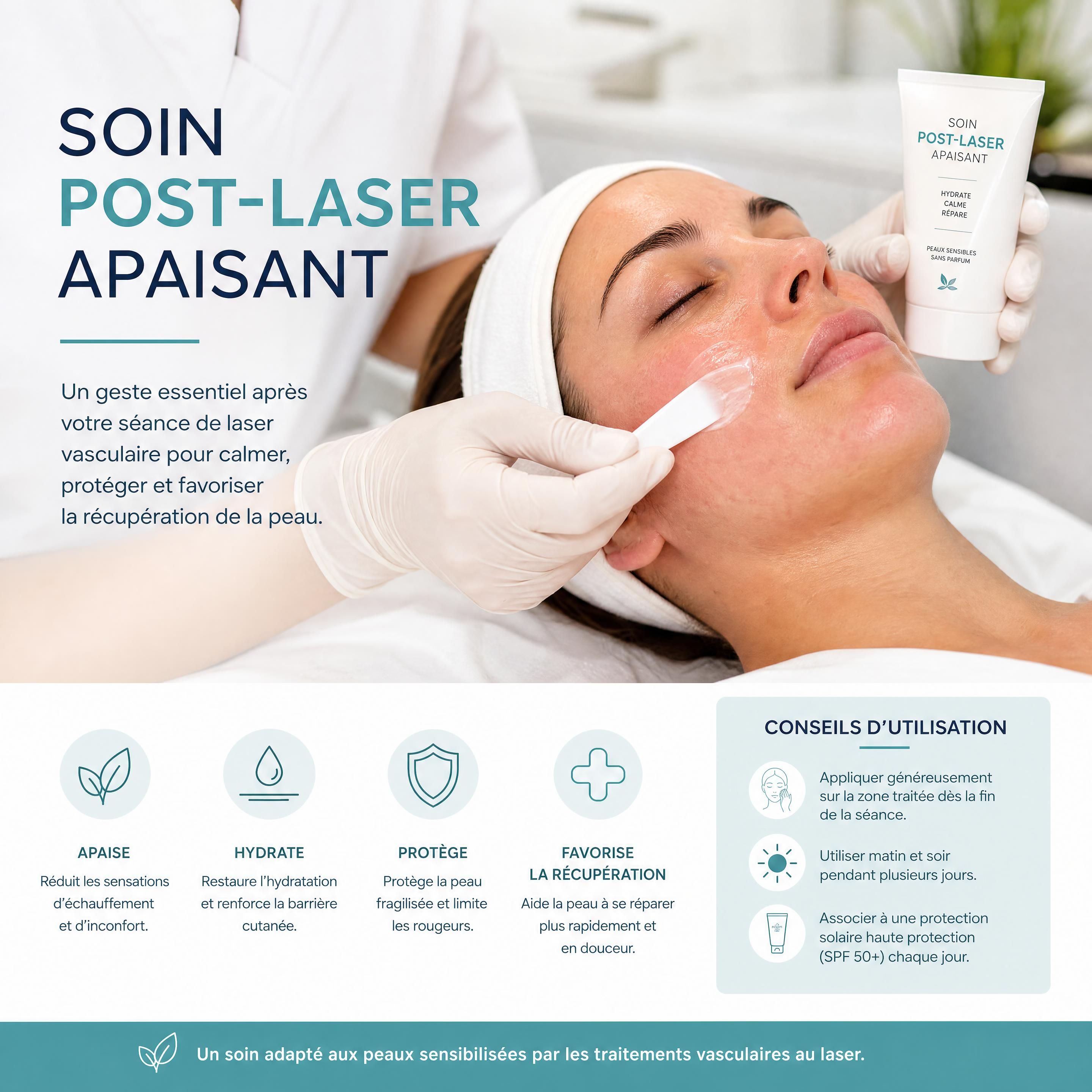 Soin post-laser apaisant appliqué sur le visage d'un patient après une séance de traitement vasculaire
