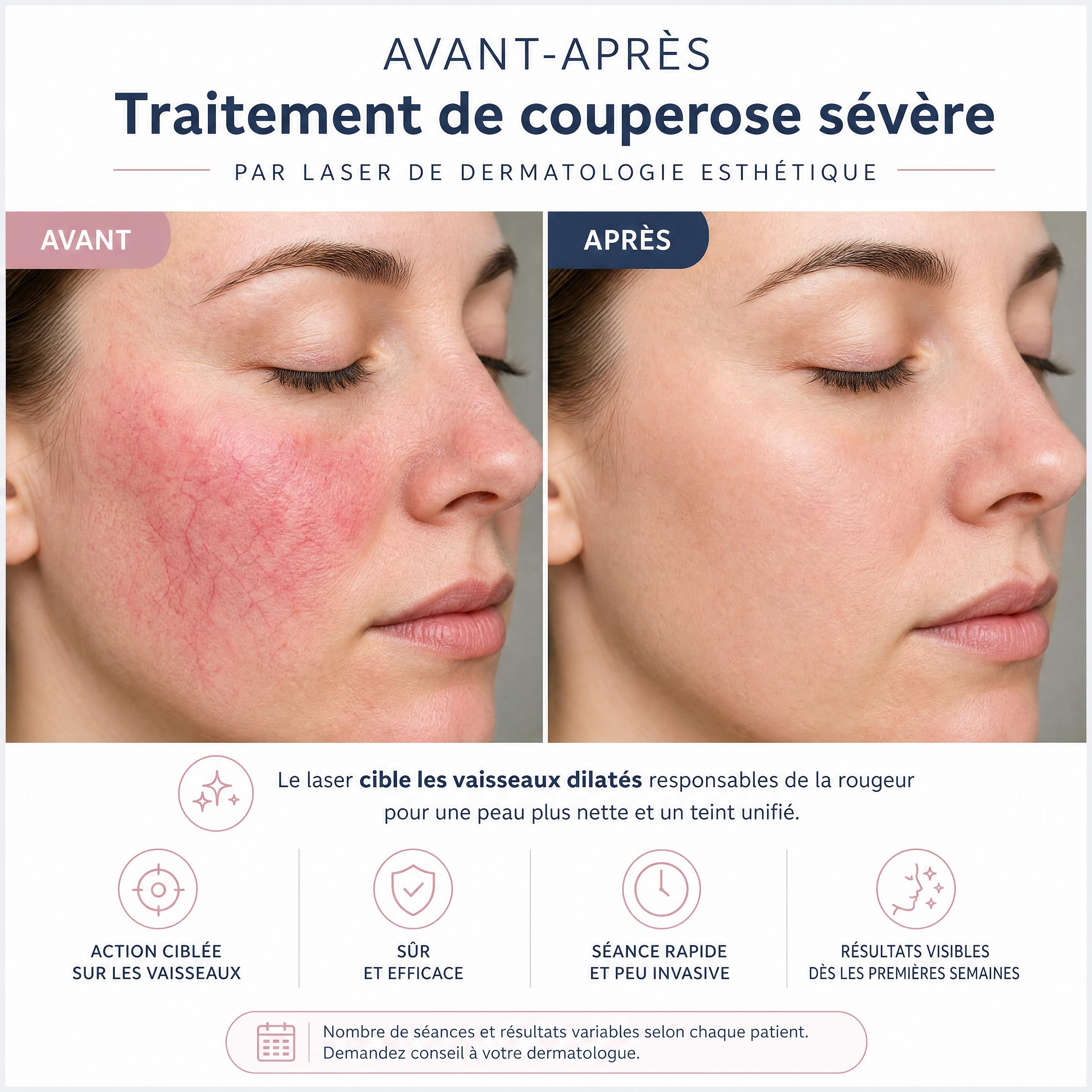 Avant-après d'un traitement de couperose sévère par laser de dermatologie esthétique