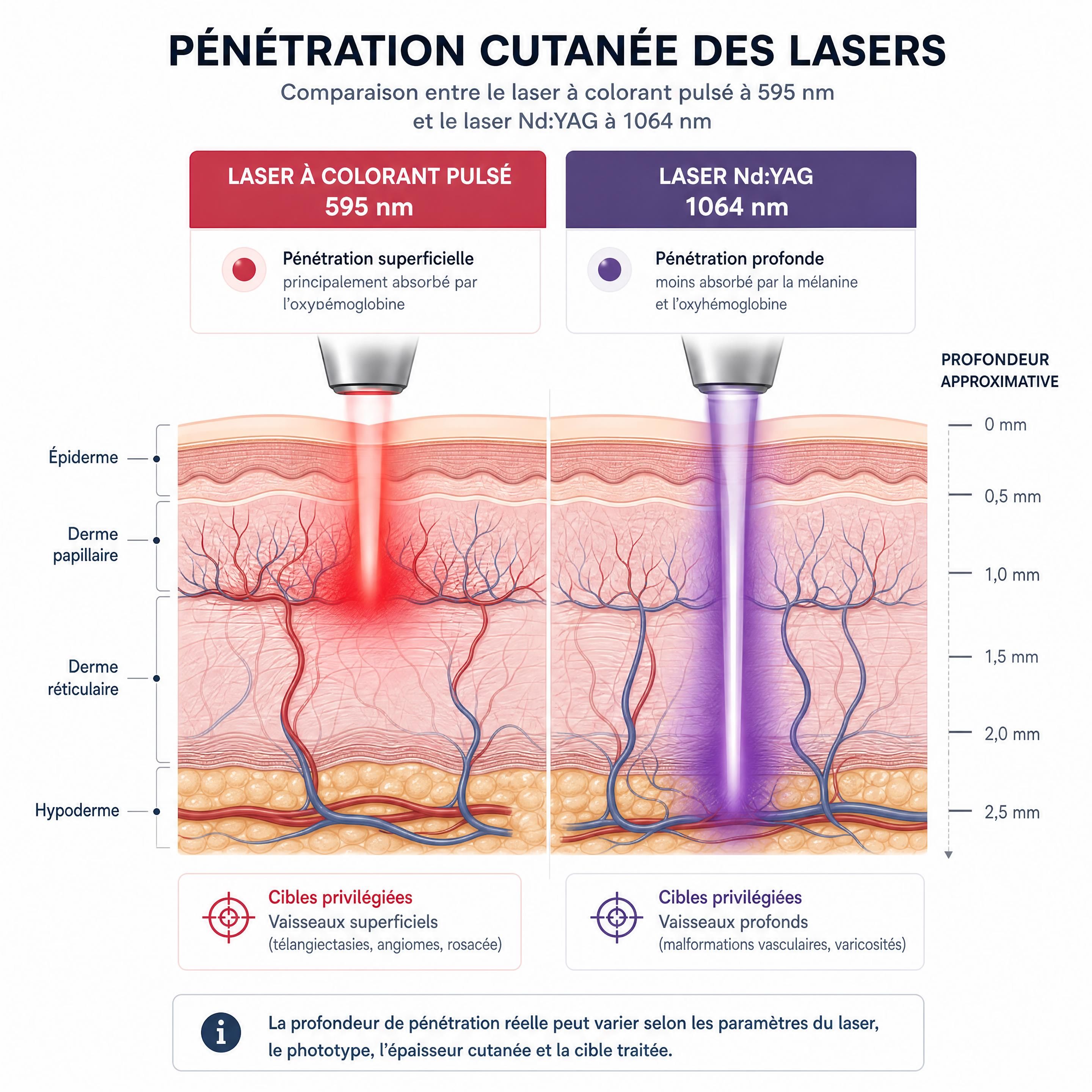 Schéma comparatif de la pénétration cutanée du laser à colorant pulsé à 595 nm et du laser Nd:YAG à 1064 nm