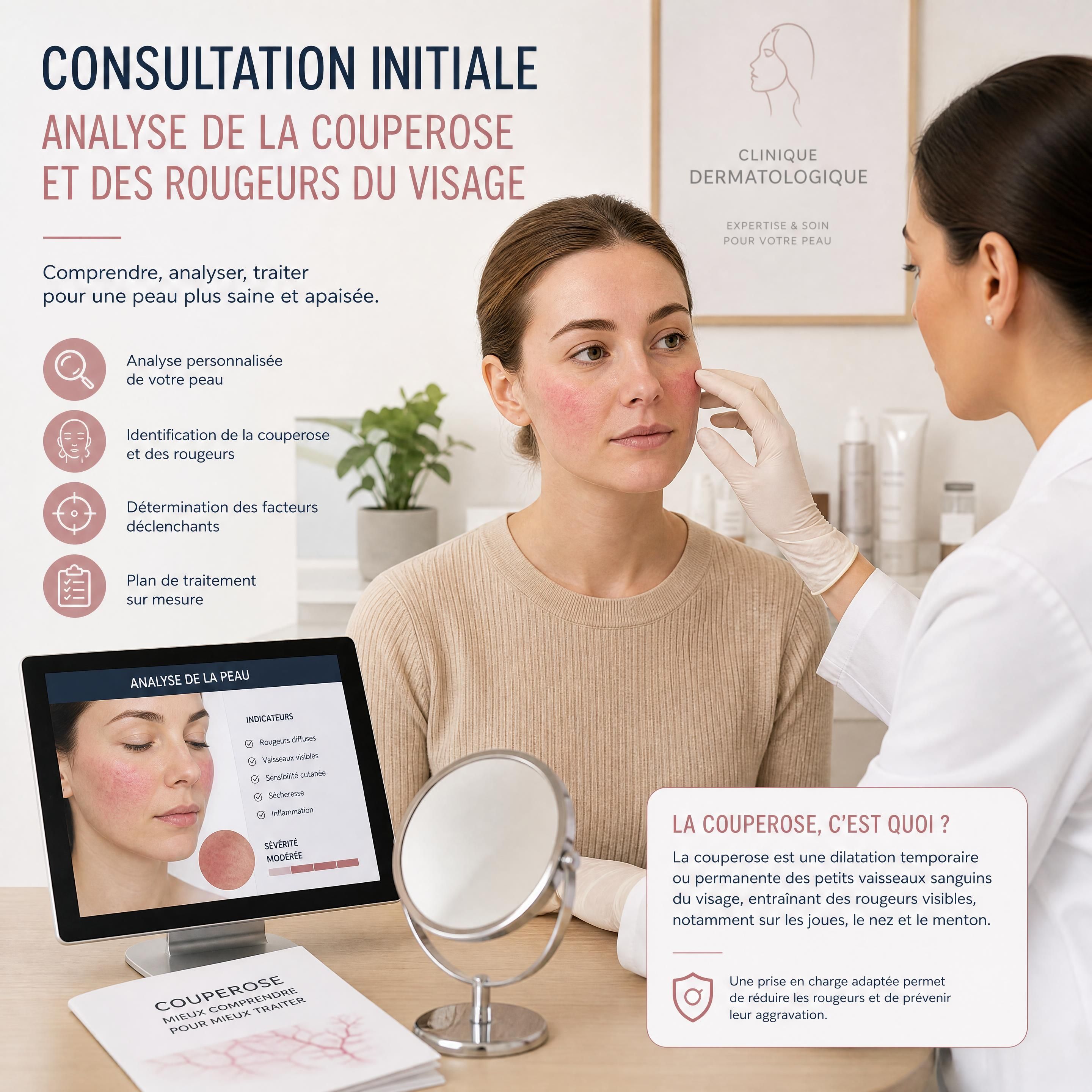 Consultation initiale dans une clinique dermatologique pour l'analyse de la couperose et des rougeurs du visage
