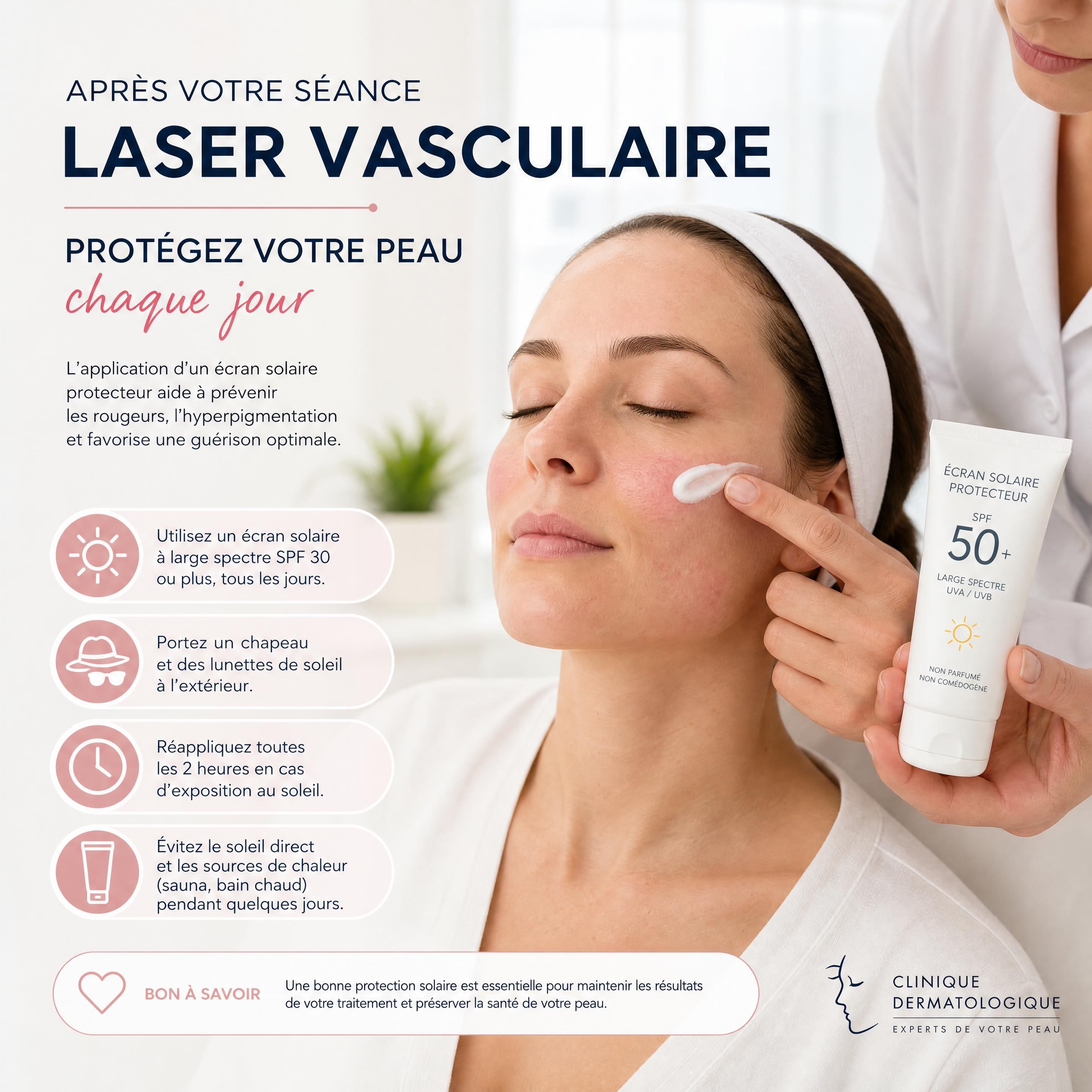 Application d'un écran solaire protecteur après une séance de laser vasculaire en clinique dermatologique