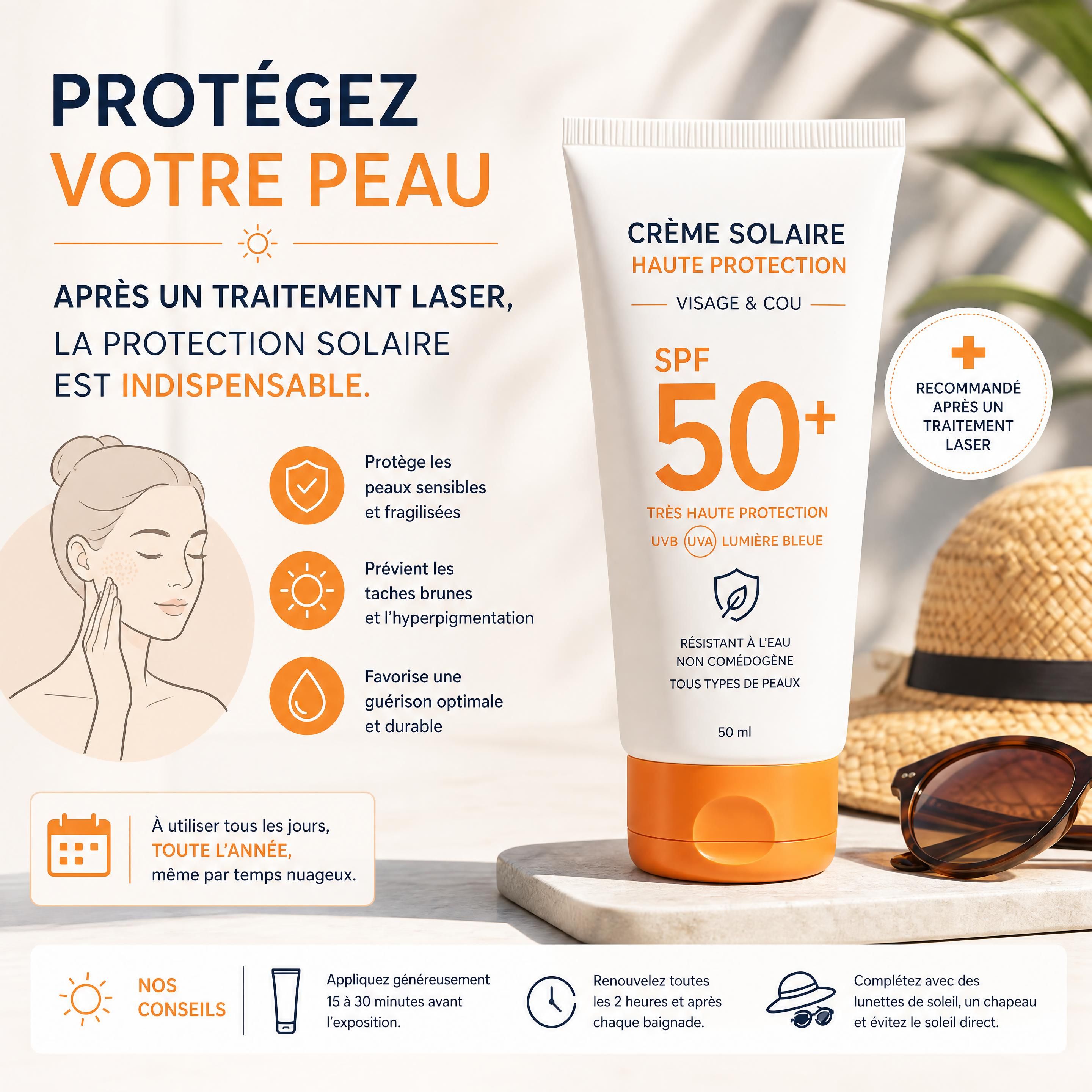 Flacon de crème solaire haute protection SPF 50+ indispensable pour la protection solaire après traitement laser