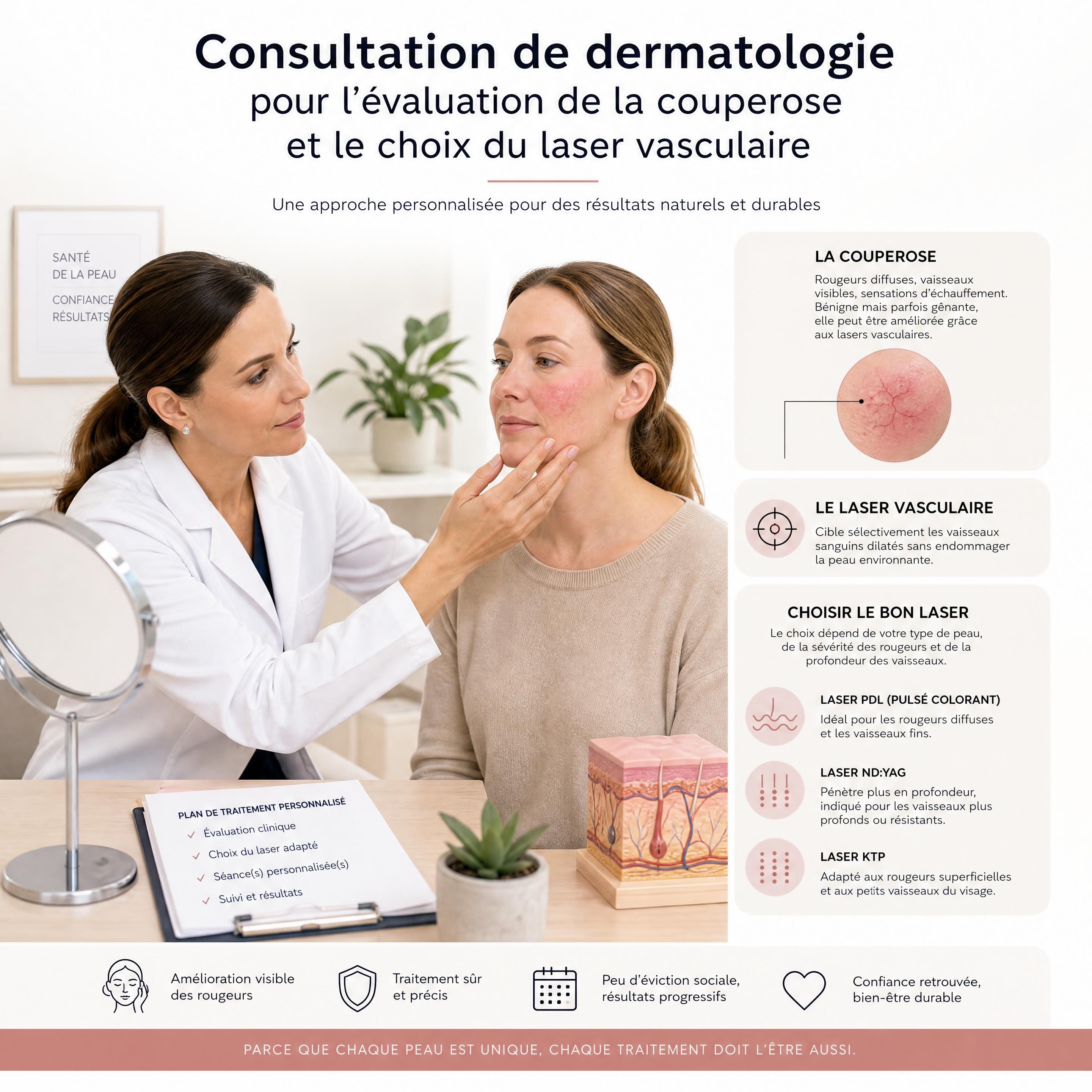 Consultation de dermatologie pour l'évaluation de la couperose et le choix du laser vasculaire