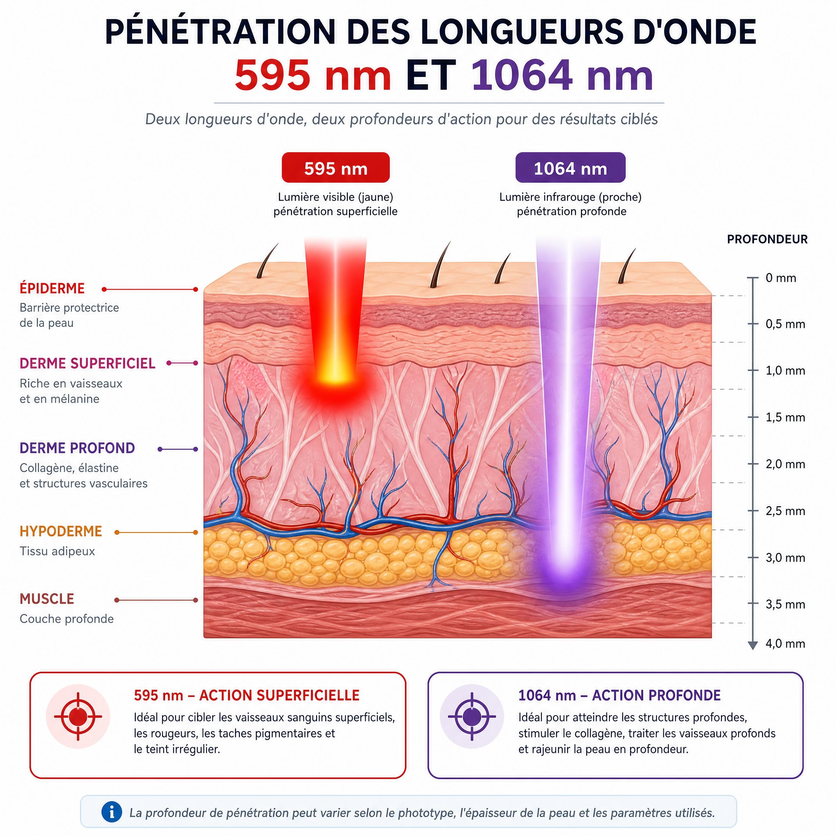 Schéma explicatif de la pénétration des longueurs d'onde 595 nm et 1064 nm dans les couches de la peau