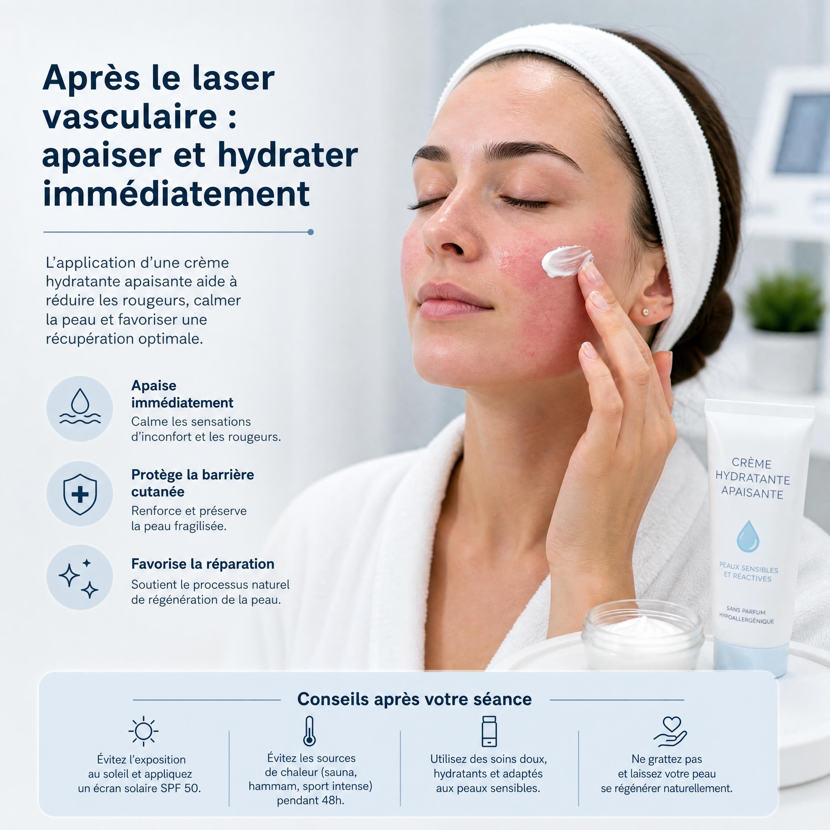 Application d'une crème hydratante apaisante immédiatement après une séance de laser vasculaire