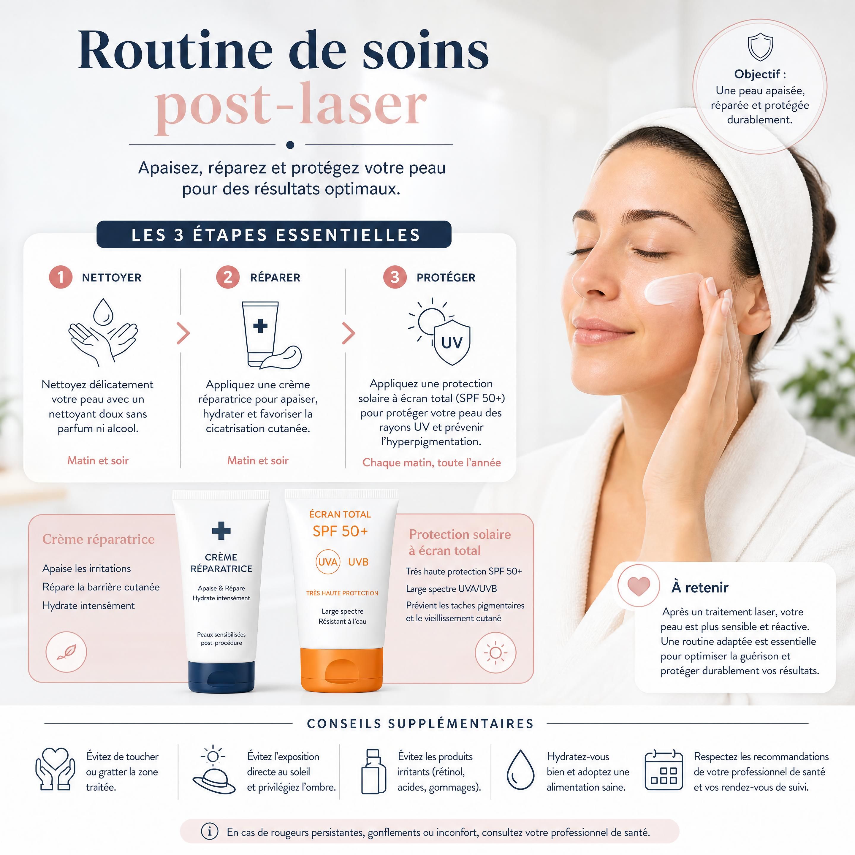 Routine de soins post-laser incluant l'application d'une crème réparatrice et d'une protection solaire à écran total