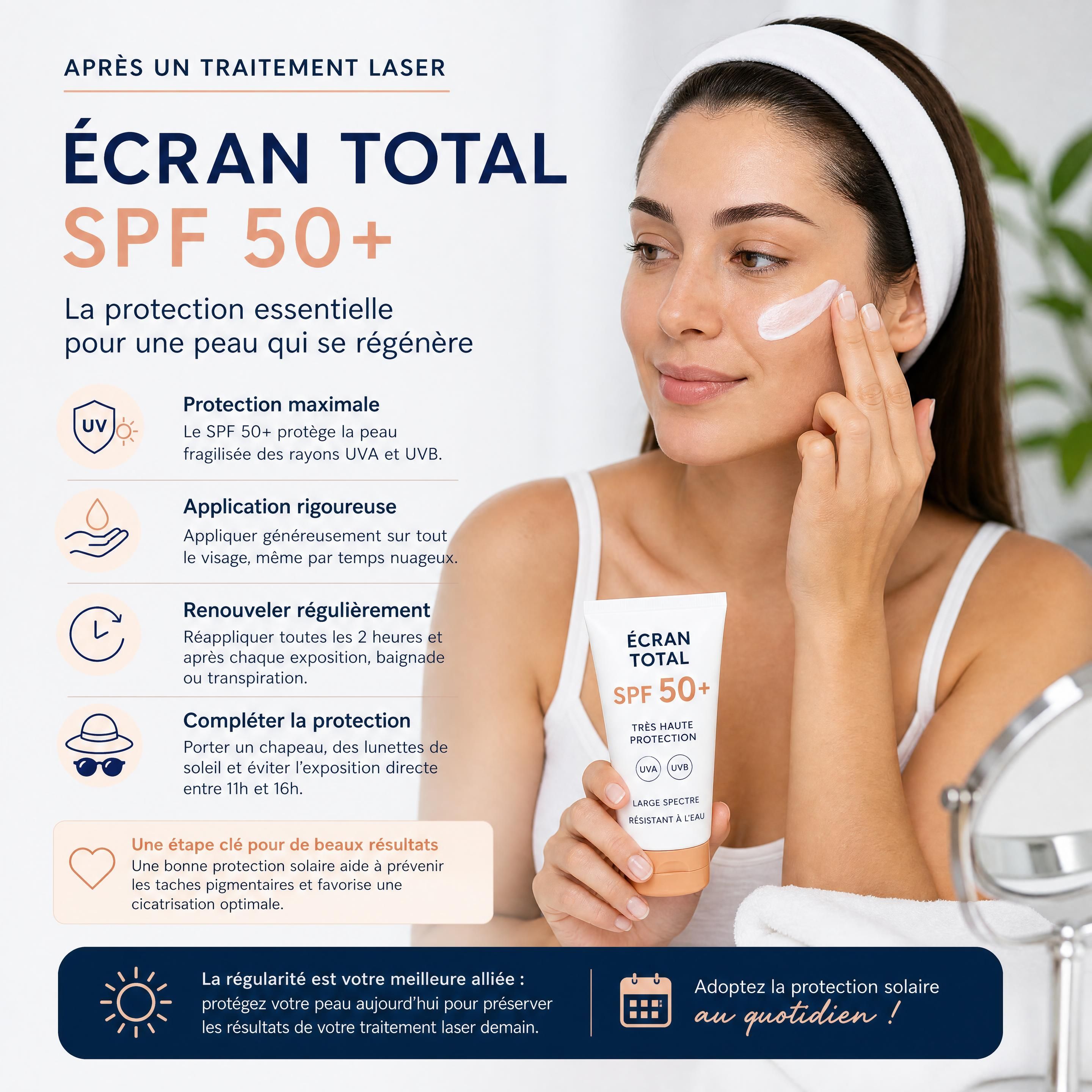 Application rigoureuse d'un écran total SPF 50+ pour protéger la peau après un traitement laser