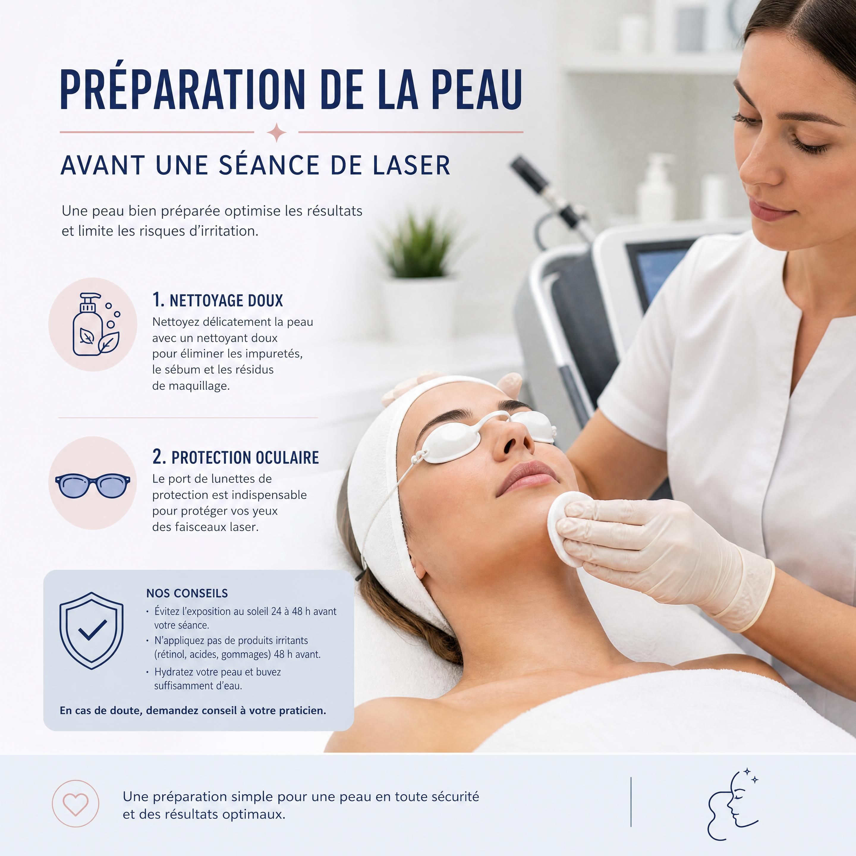 Préparation de la peau avant une séance de laser avec un nettoyage doux et une protection oculaire