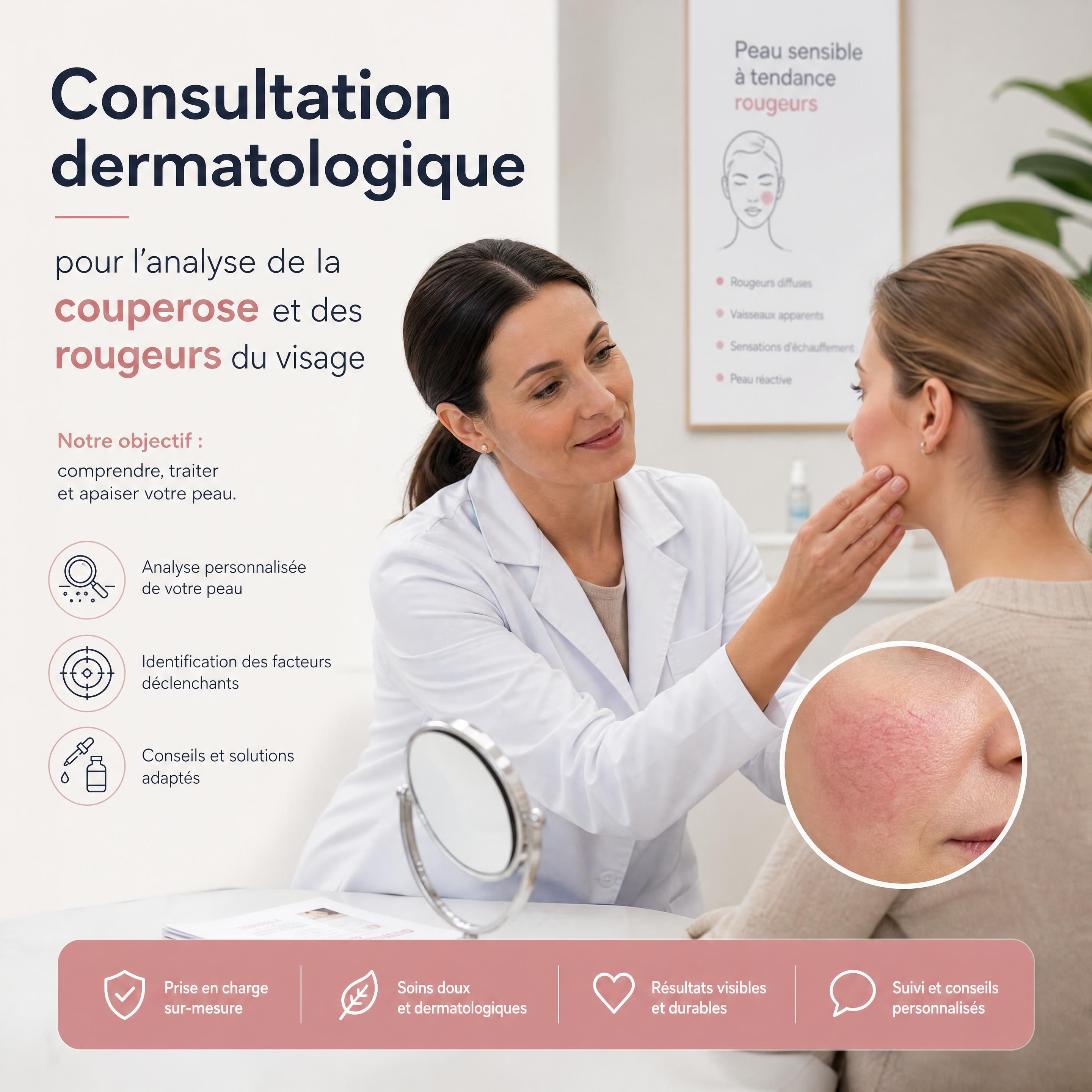 Consultation dermatologique pour l'analyse de la couperose et des rougeurs du visage