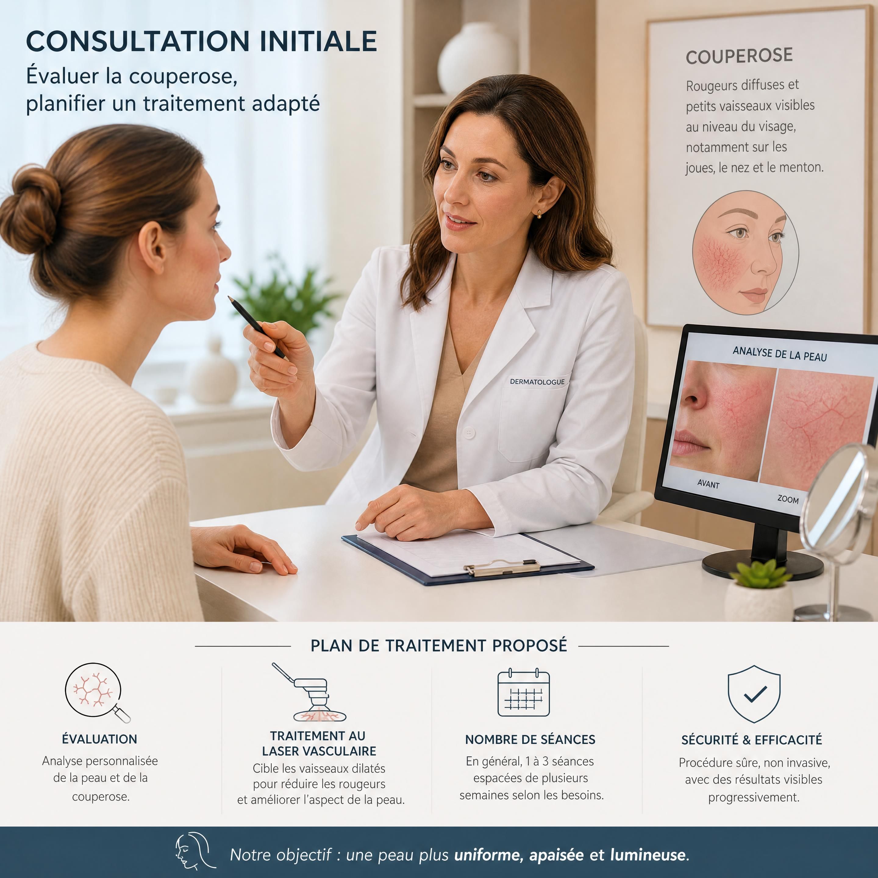 Consultation initiale chez un dermatologue pour évaluer la couperose et planifier un traitement au laser vasculaire