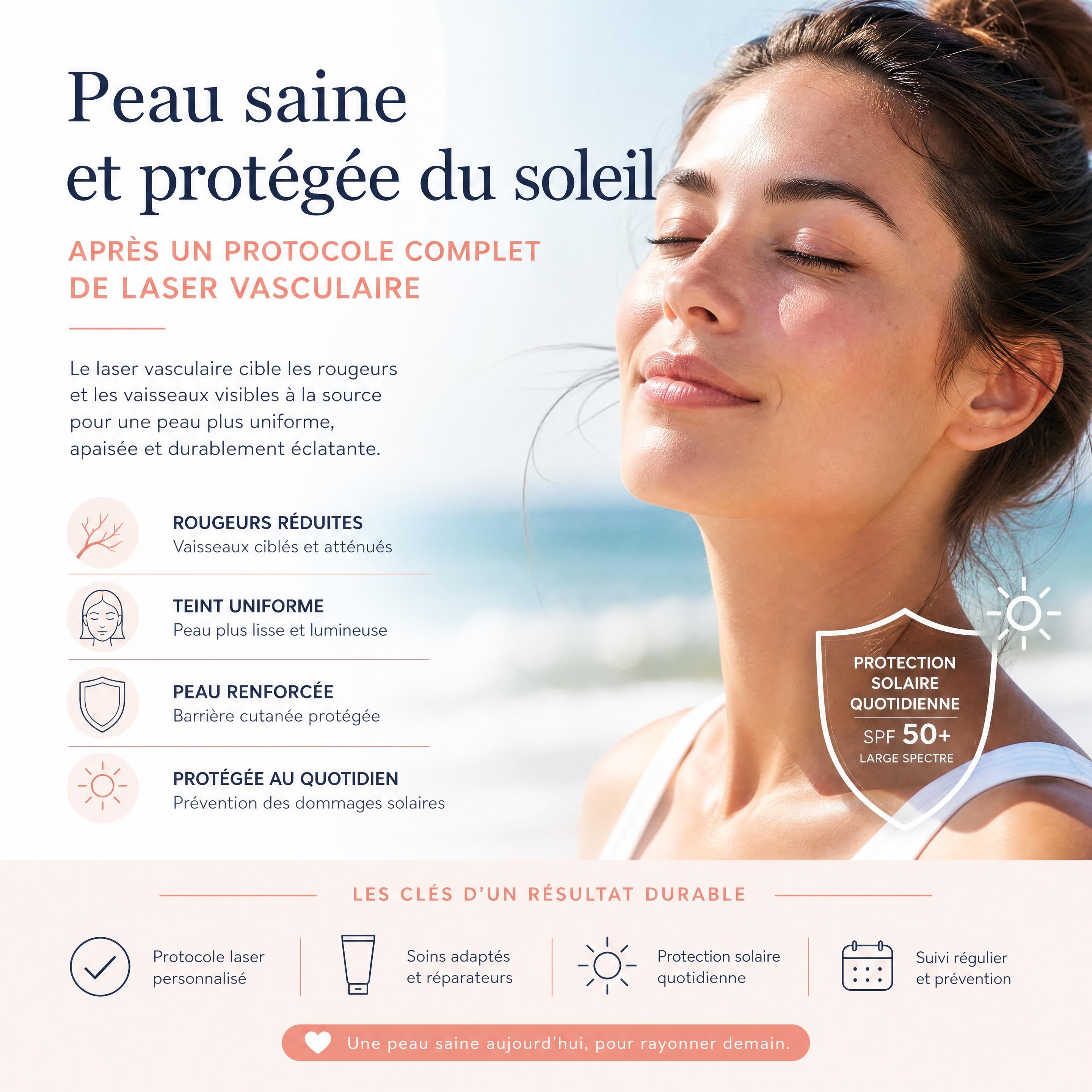 Peau saine et protégée du soleil après un protocole complet de laser vasculaire