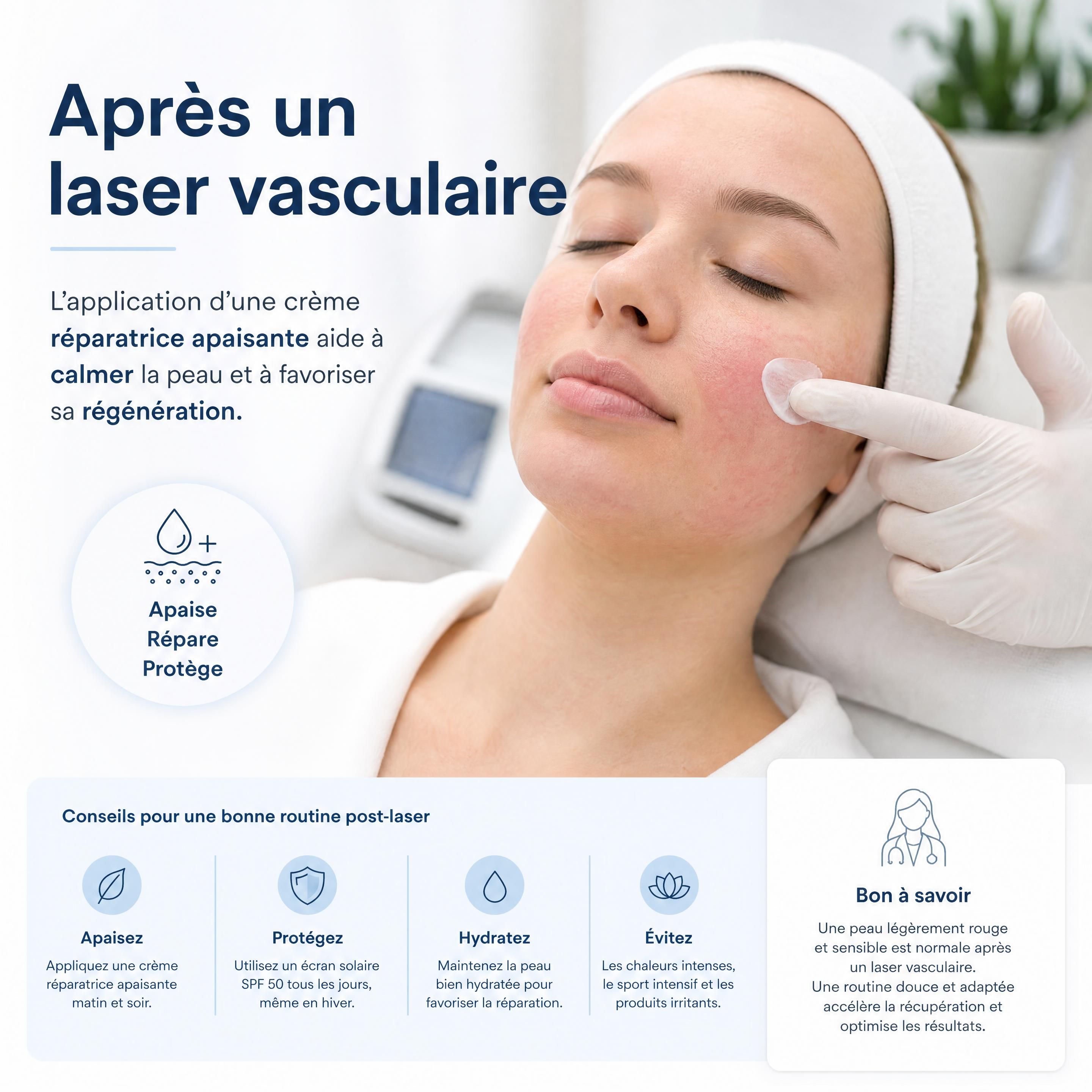 Application d'une crème réparatrice apaisante après un traitement de laser vasculaire