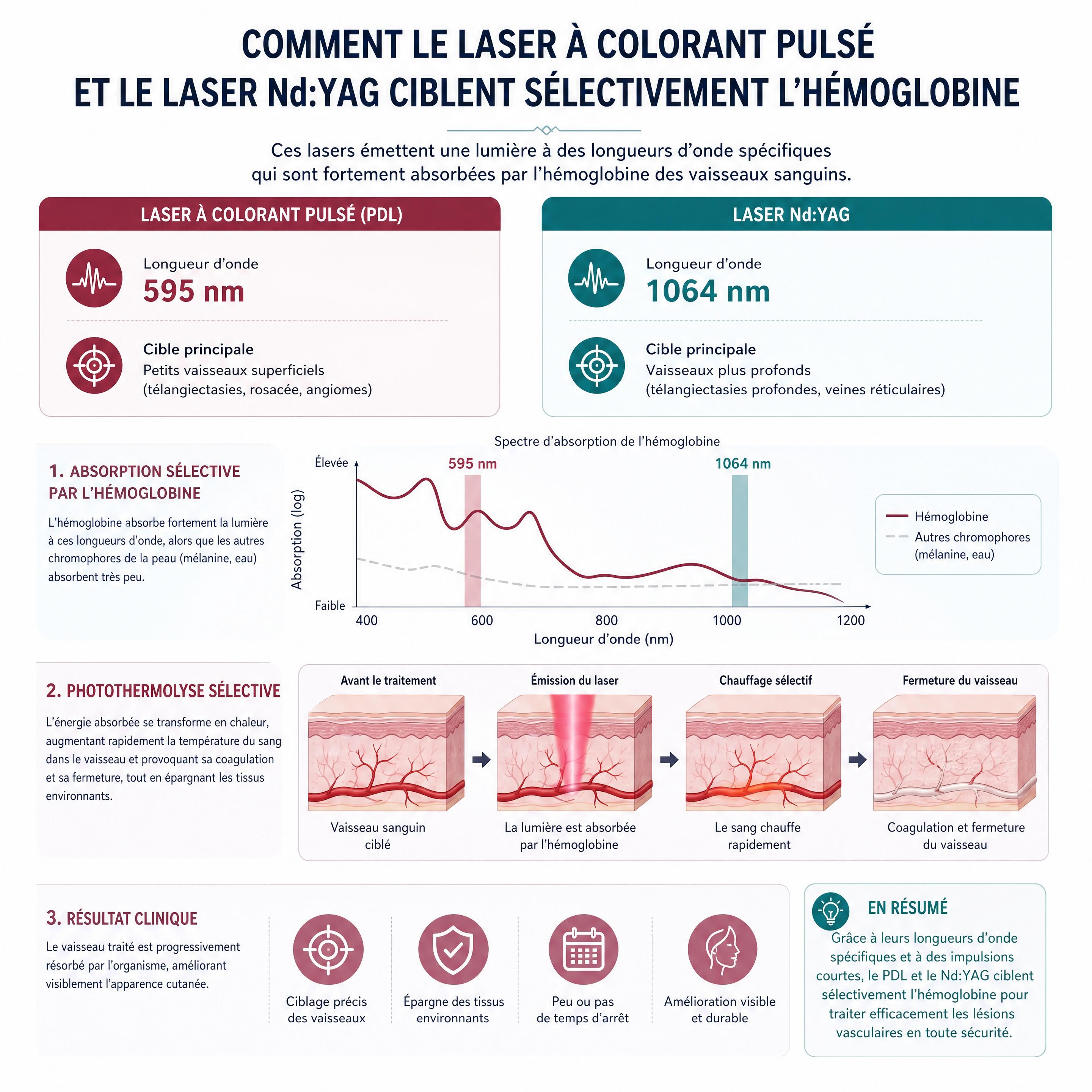 Schéma explicatif montrant comment le laser à colorant pulsé et le laser Nd:YAG ciblent sélectivement l'hémoglobine