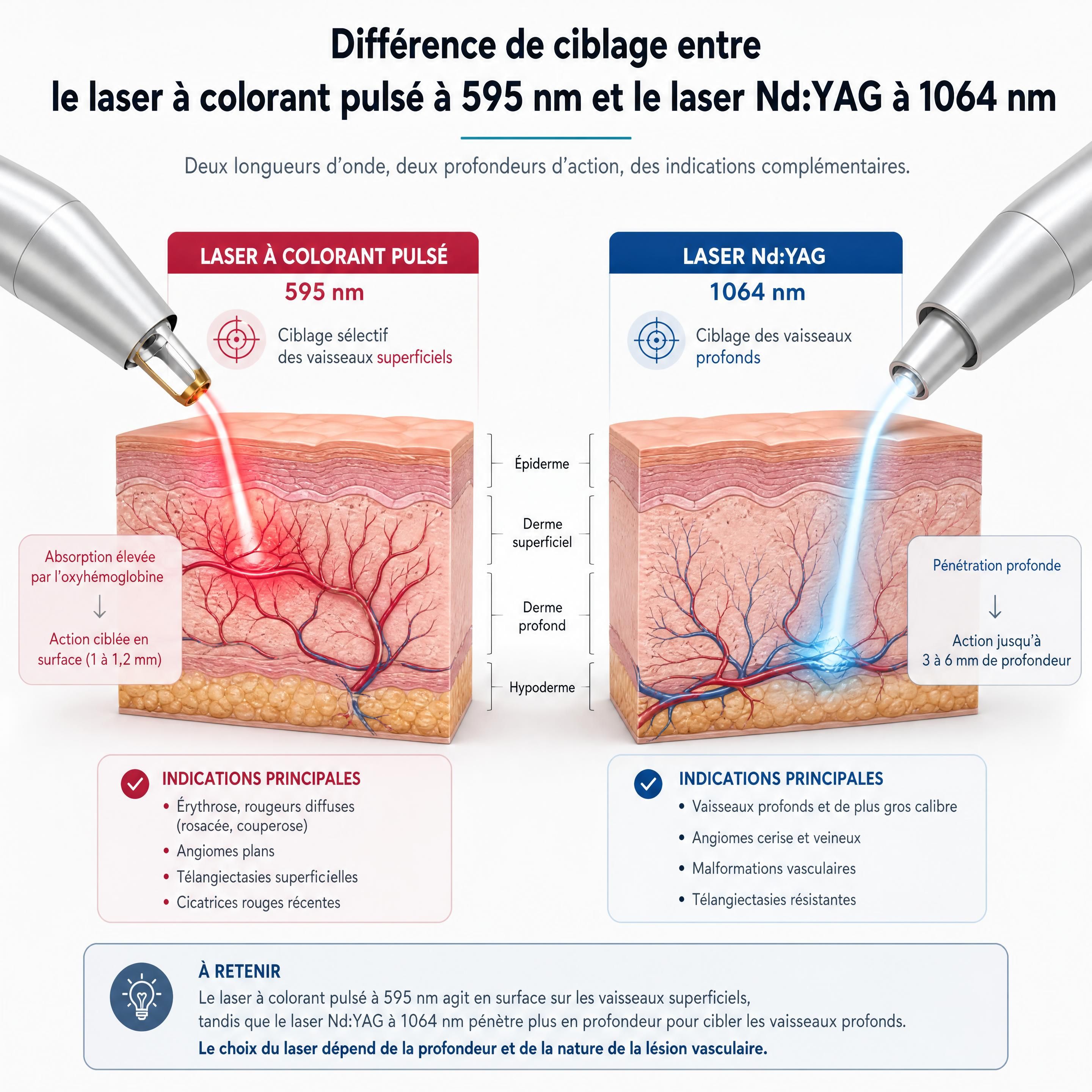 Différence de ciblage entre le laser à colorant pulsé à 595 nm et le laser Nd:YAG à 1064 nm