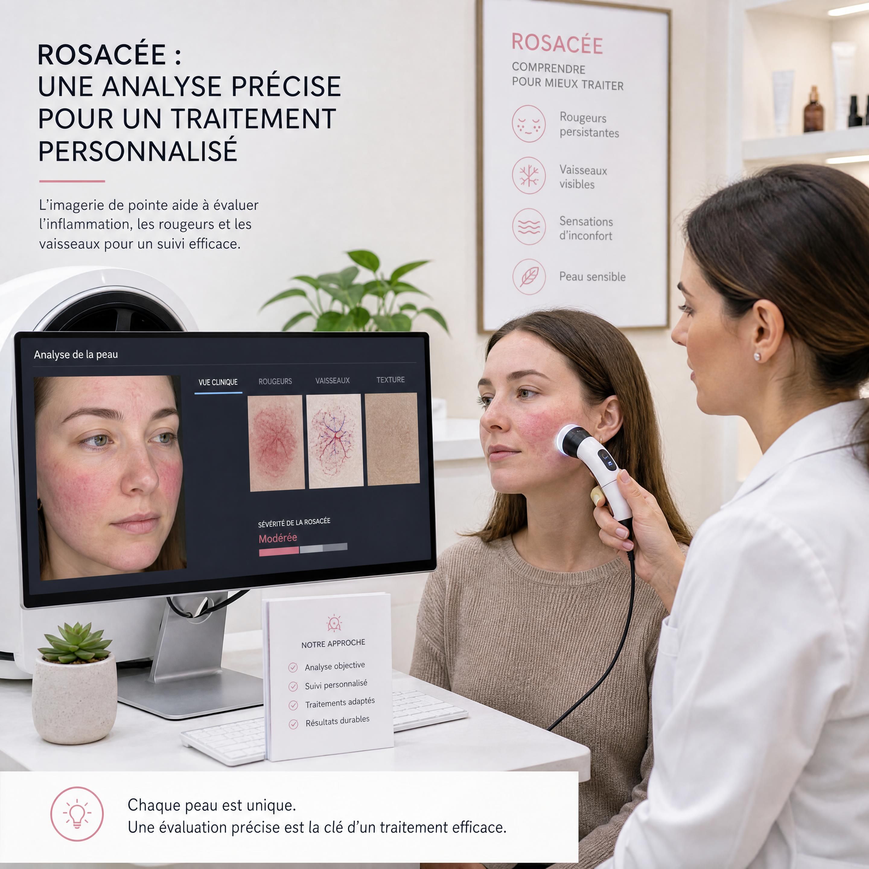 Consultation d'un dermatologue analysant la peau d'une patiente atteinte de rosacée avec un outil d'imagerie moderne